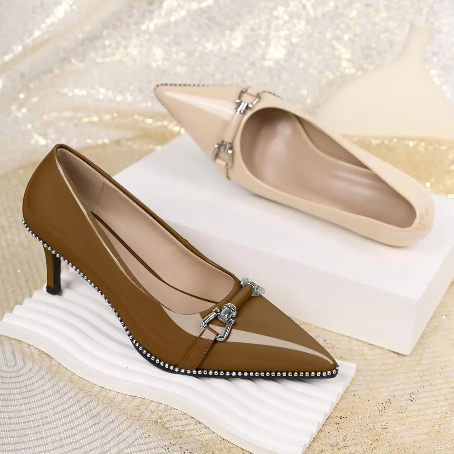 Joseywade Women Low Kitten Heel Pumps Slip On 2.5 Inches Closed Pointed Toe Beaded Metal Buckle Shoes