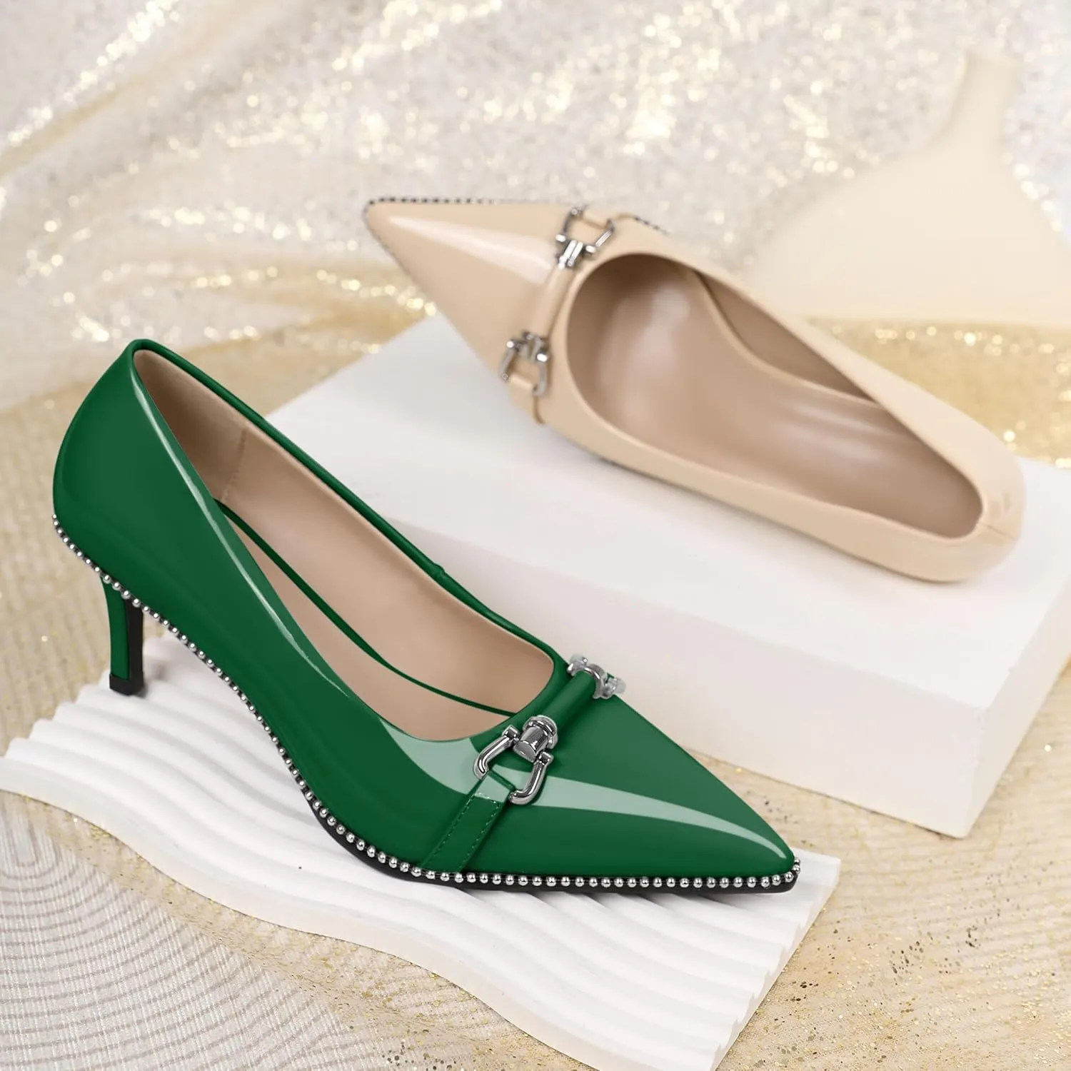Joseywade Women Low Kitten Heel Pumps Slip On 2.5 Inches Closed Pointed Toe Beaded Metal Buckle Shoes