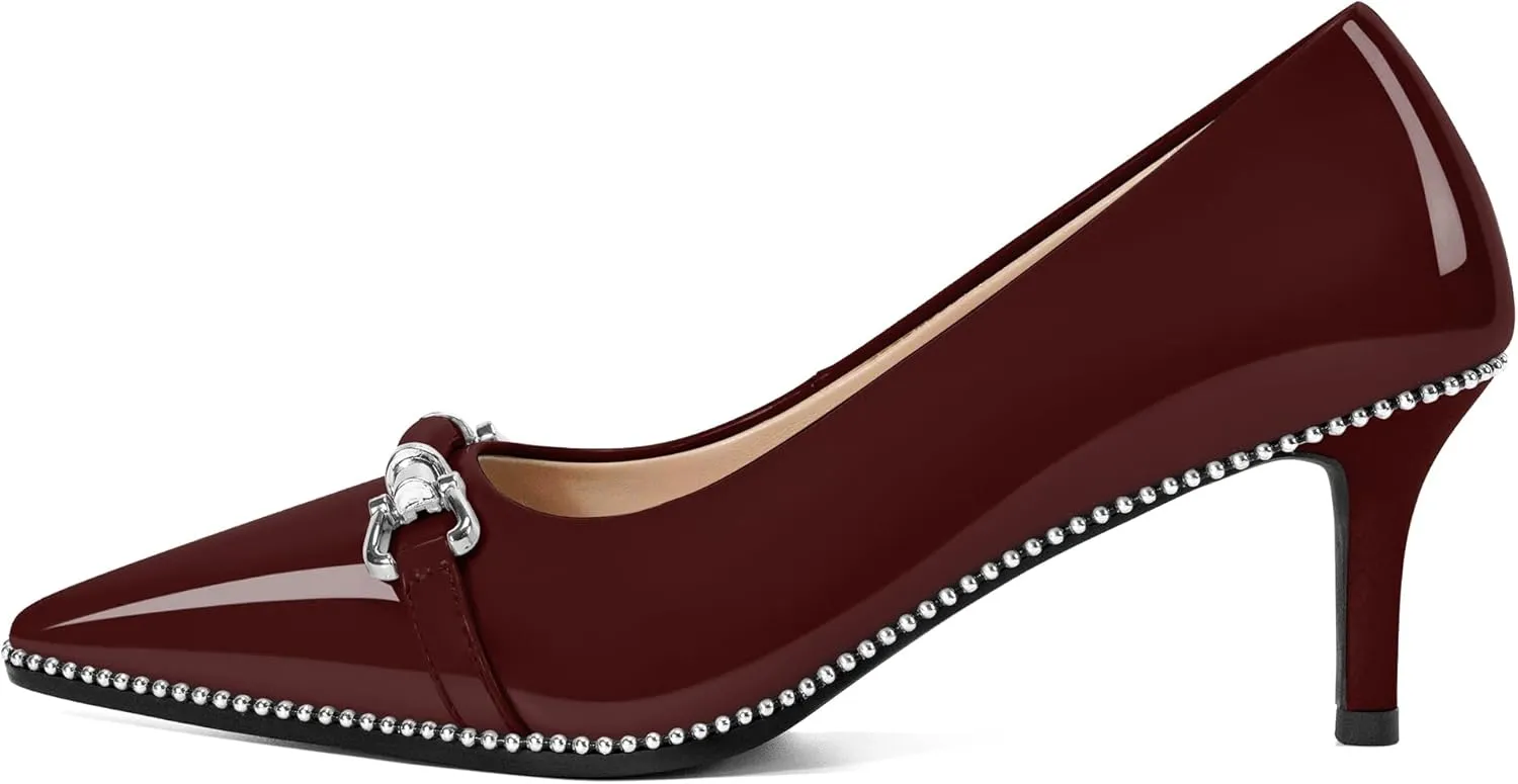 Joseywade Women Low Kitten Heel Pumps Slip On 2.5 Inches Closed Pointed Toe Beaded Metal Buckle Shoes