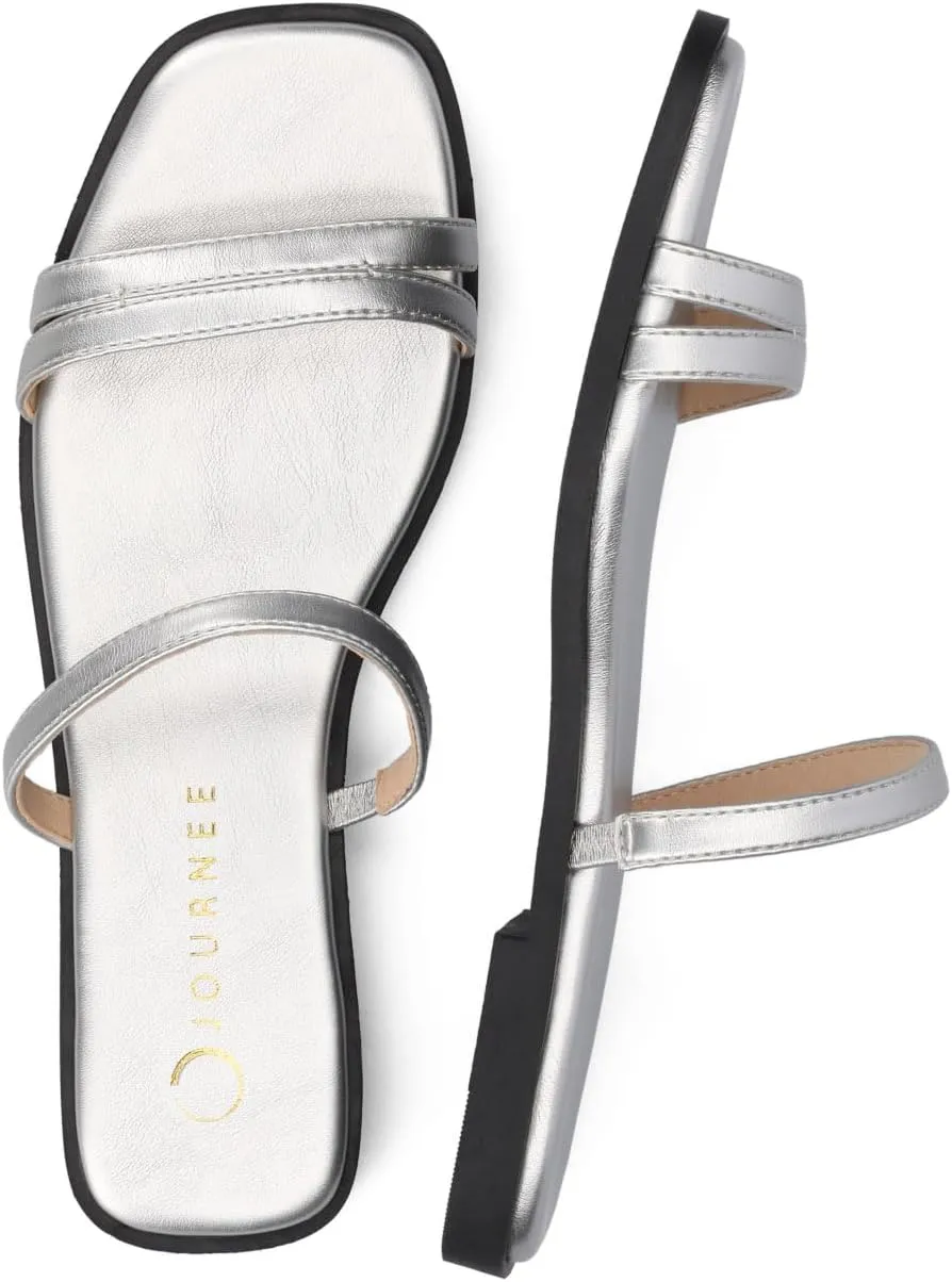 Journee Collection Womens Brisa Slip On Flat Sandals Multi Strap Cushioned Open Square Toe Spring Summer Shoe