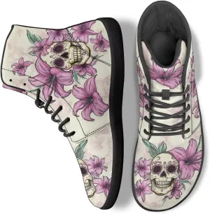 JoyLamoria Skull Platform Sneakers Casual Hi Sneakers Lace up High Top Shoes Hip Hop Gothic Leather Shoes,Black