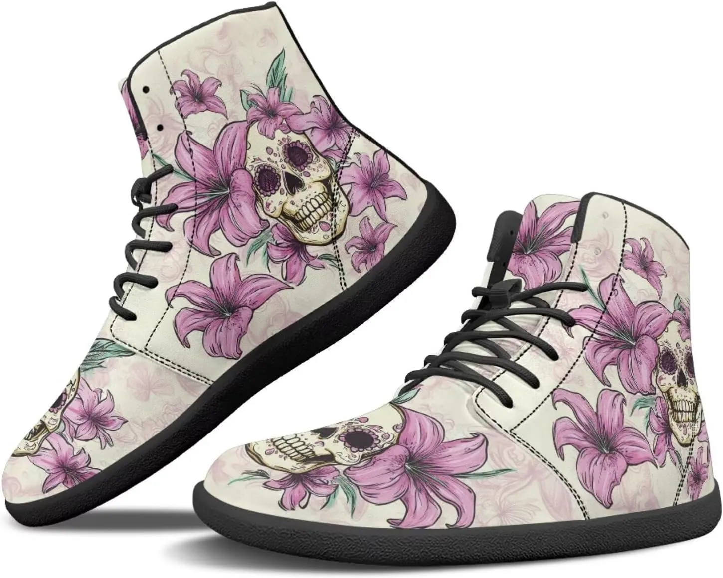 JoyLamoria Skull Platform Sneakers Casual Hi Sneakers Lace up High Top Shoes Hip Hop Gothic Leather Shoes,Black