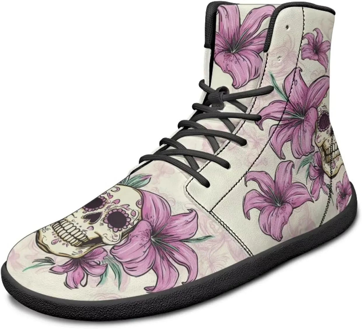 JoyLamoria Skull Platform Sneakers Casual Hi Sneakers Lace up High Top Shoes Hip Hop Gothic Leather Shoes,Black