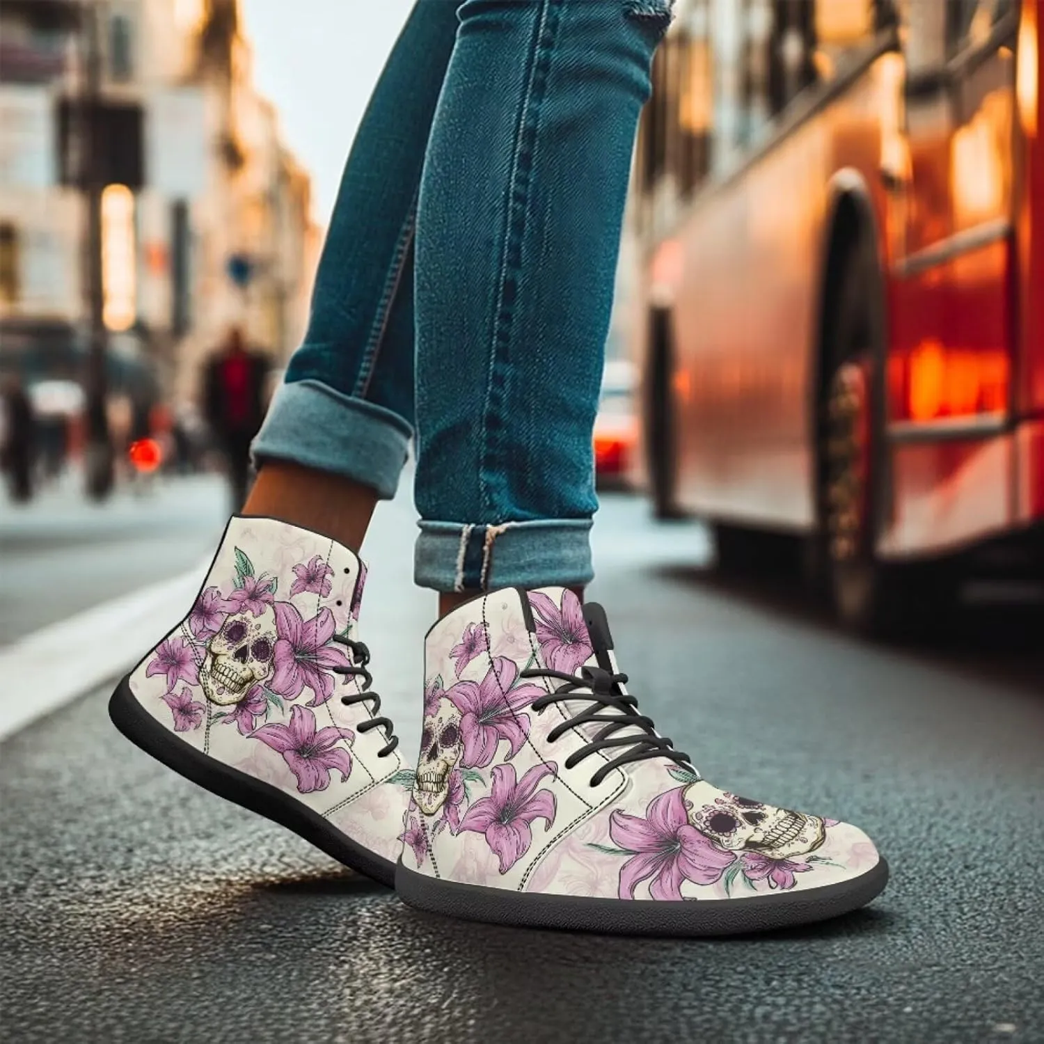 JoyLamoria Skull Platform Sneakers Casual Hi Sneakers Lace up High Top Shoes Hip Hop Gothic Leather Shoes,Black