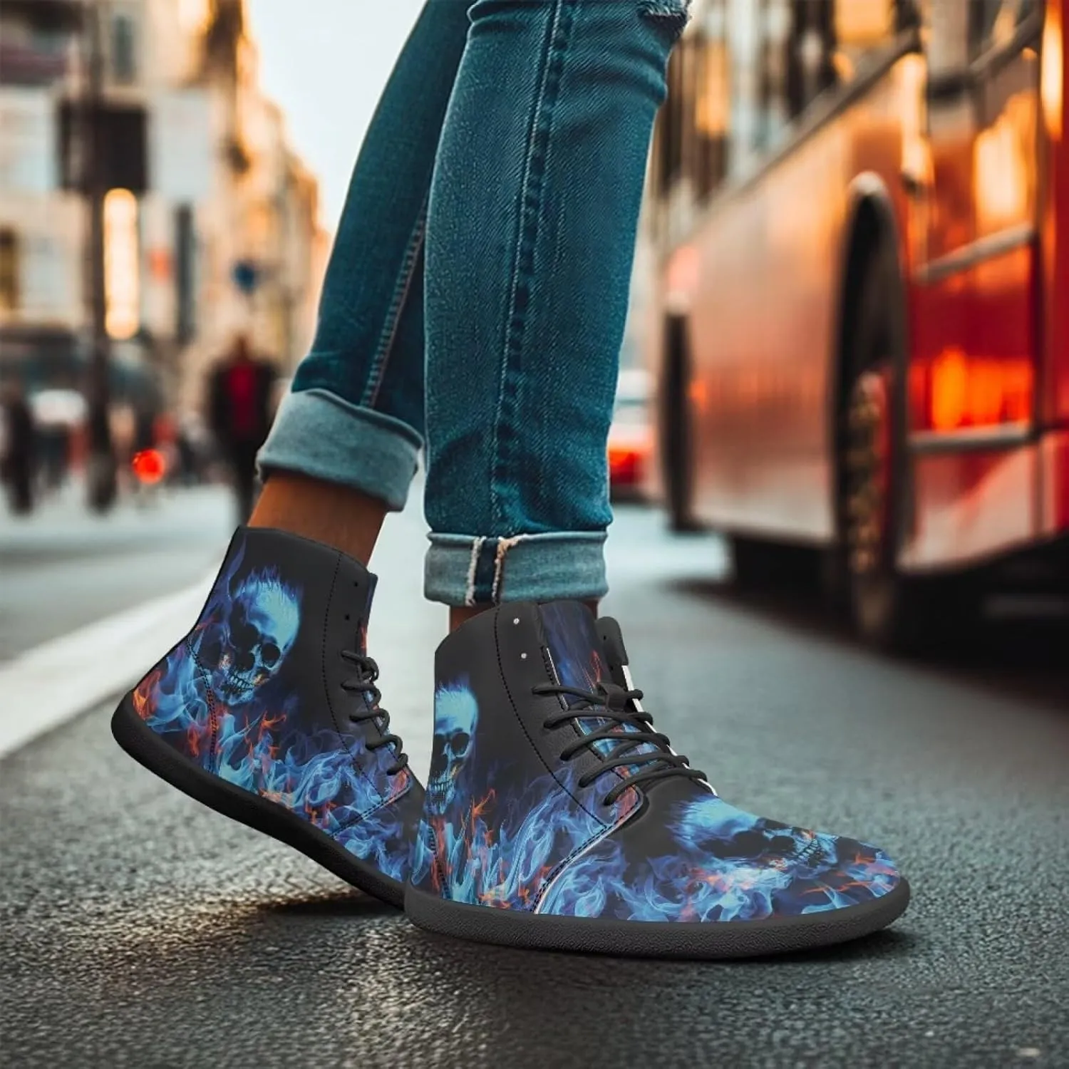 JoyLamoria Skull Platform Sneakers Casual Hi Sneakers Lace up High Top Shoes Hip Hop Gothic Leather Shoes,Black