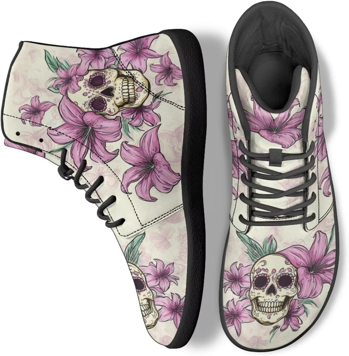 JoyLamoria Skull Platform Sneakers Casual Hi Sneakers Lace up High Top Shoes Hip Hop Gothic Leather Shoes,Black