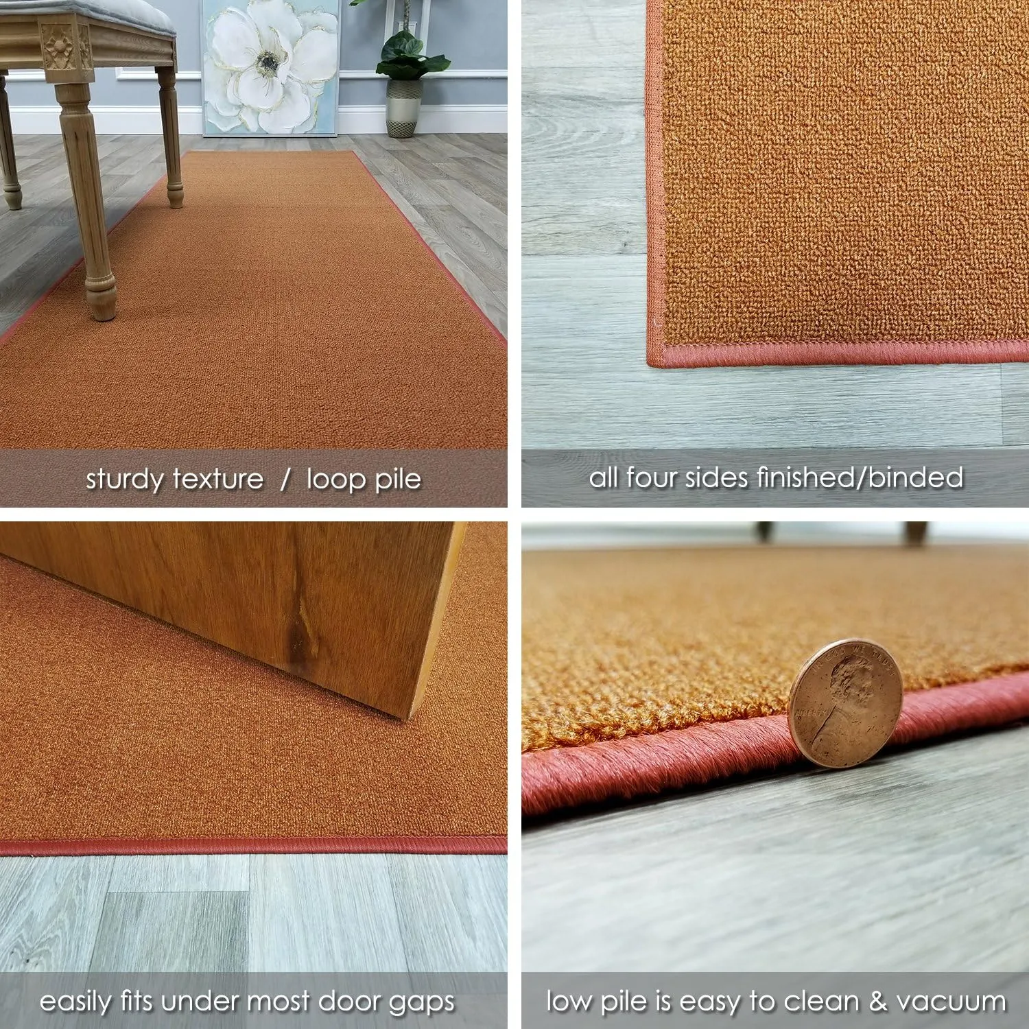 Kapaqua Custom Size Burnt-Orange Solid Plain Rubber Backed Non-Slip Hallway Stair Runner Rug Carpet 22 inch Wide Choose Your Length 22in X 5ft