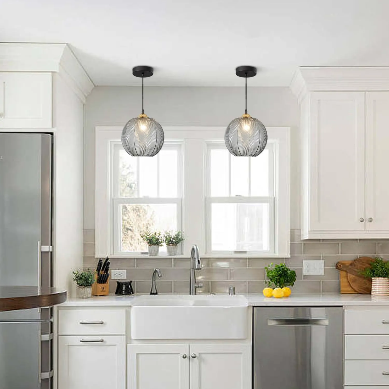 KCO Lighting Modern Smoke Gray Glass Pendant Light Kitchen Island Large Globe Farmhouse Pendant Lighting Adjustable Black Striped Glass Hanging Ceiling Lighting Fixtures Dining Room Lights