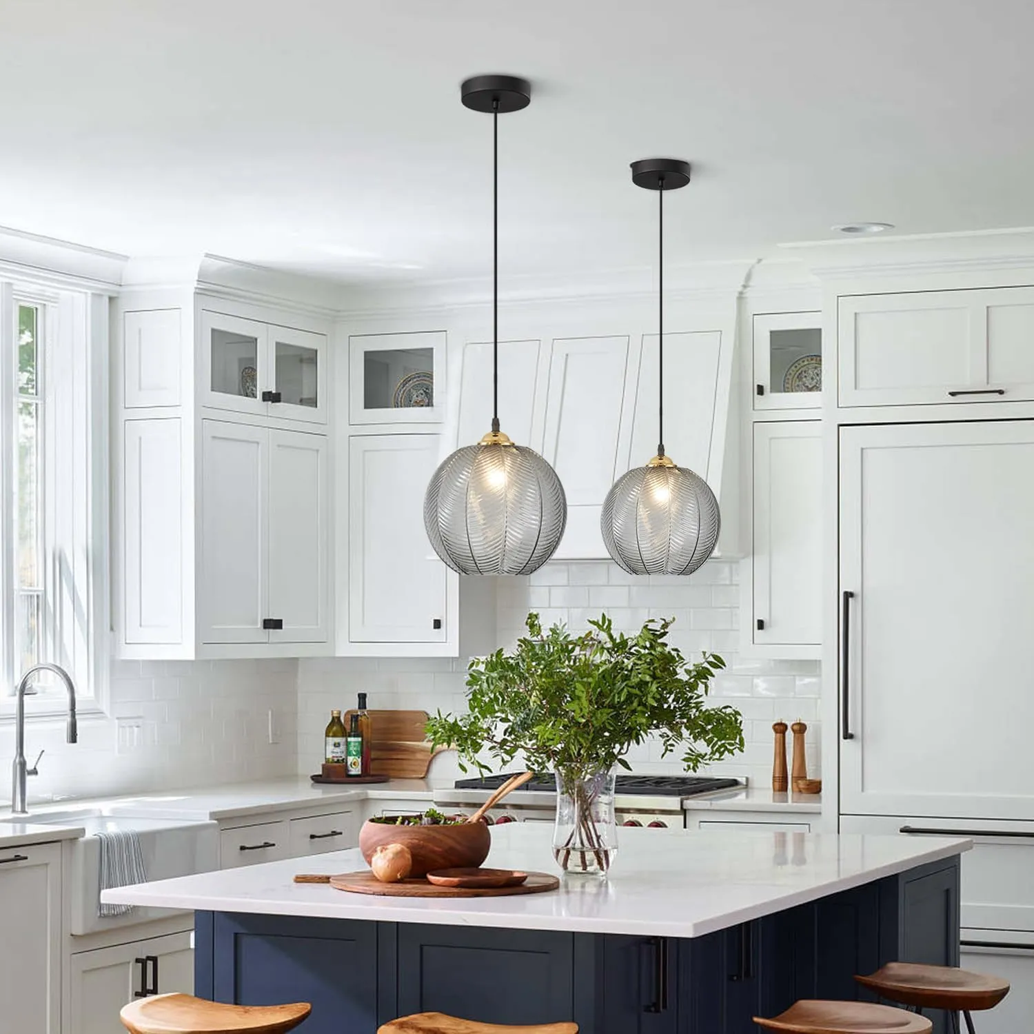 KCO Lighting Modern Smoke Gray Glass Pendant Light Kitchen Island Large Globe Farmhouse Pendant Lighting Adjustable Black Striped Glass Hanging Ceiling Lighting Fixtures Dining Room Lights