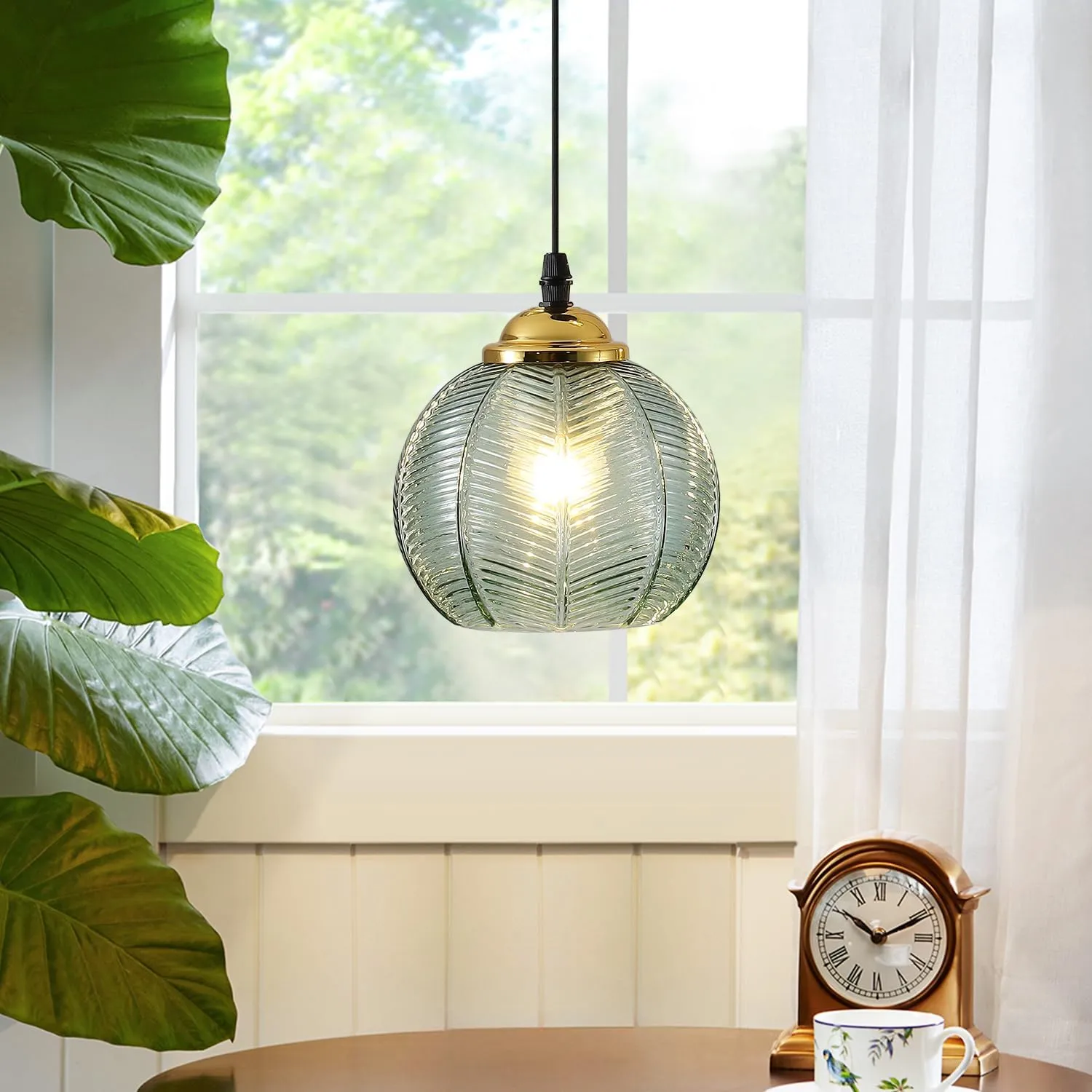 KCO Lighting Single Green Glass Pendant Light Large Globe Pendant Lighting Nordic Ribbed Ceiling Hanging Chandelier Light Vintage Dining Room Kitchen Island Light Fixture