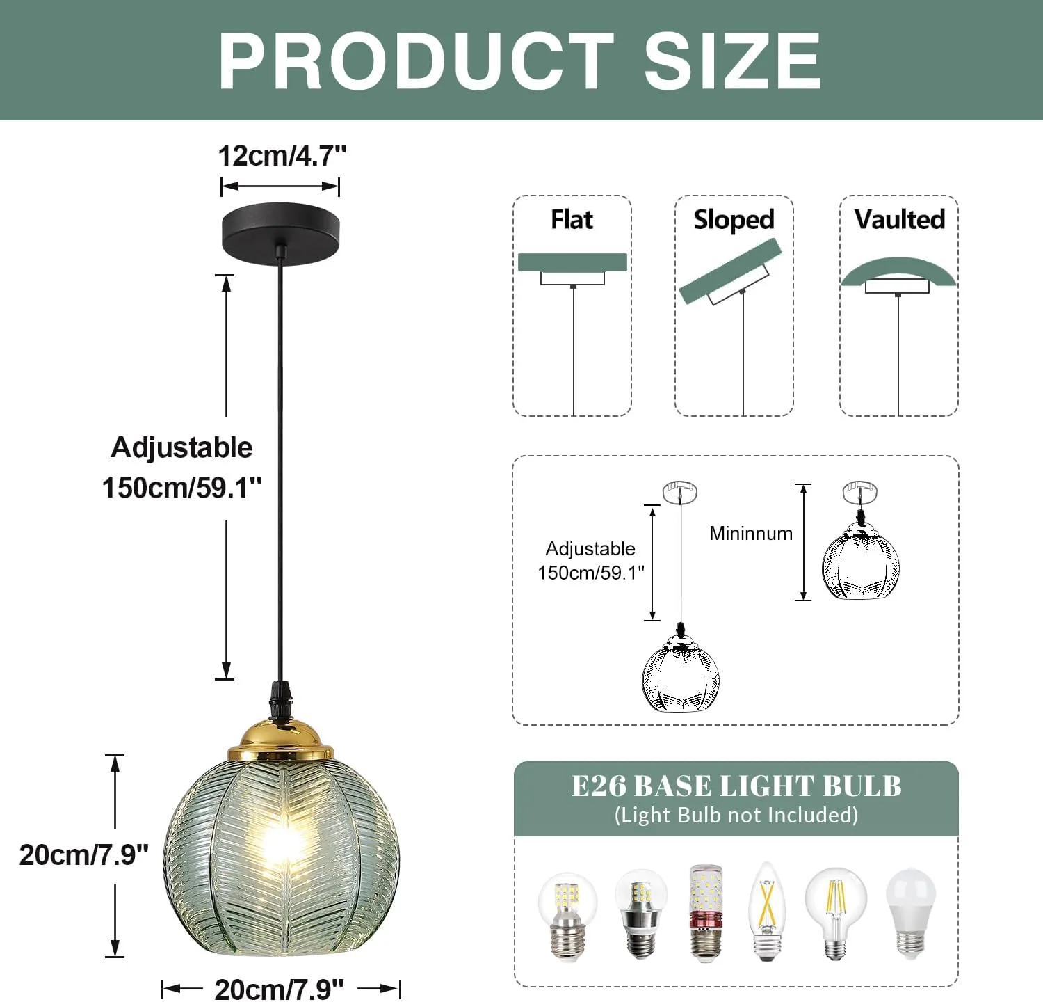 KCO Lighting Single Green Glass Pendant Light Large Globe Pendant Lighting Nordic Ribbed Ceiling Hanging Chandelier Light Vintage Dining Room Kitchen Island Light Fixture