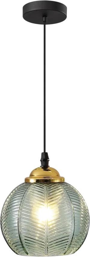 KCO Lighting Single Green Glass Pendant Light Large Globe Pendant Lighting Nordic Ribbed Ceiling Hanging Chandelier Light Vintage Dining Room Kitchen Island Light Fixture