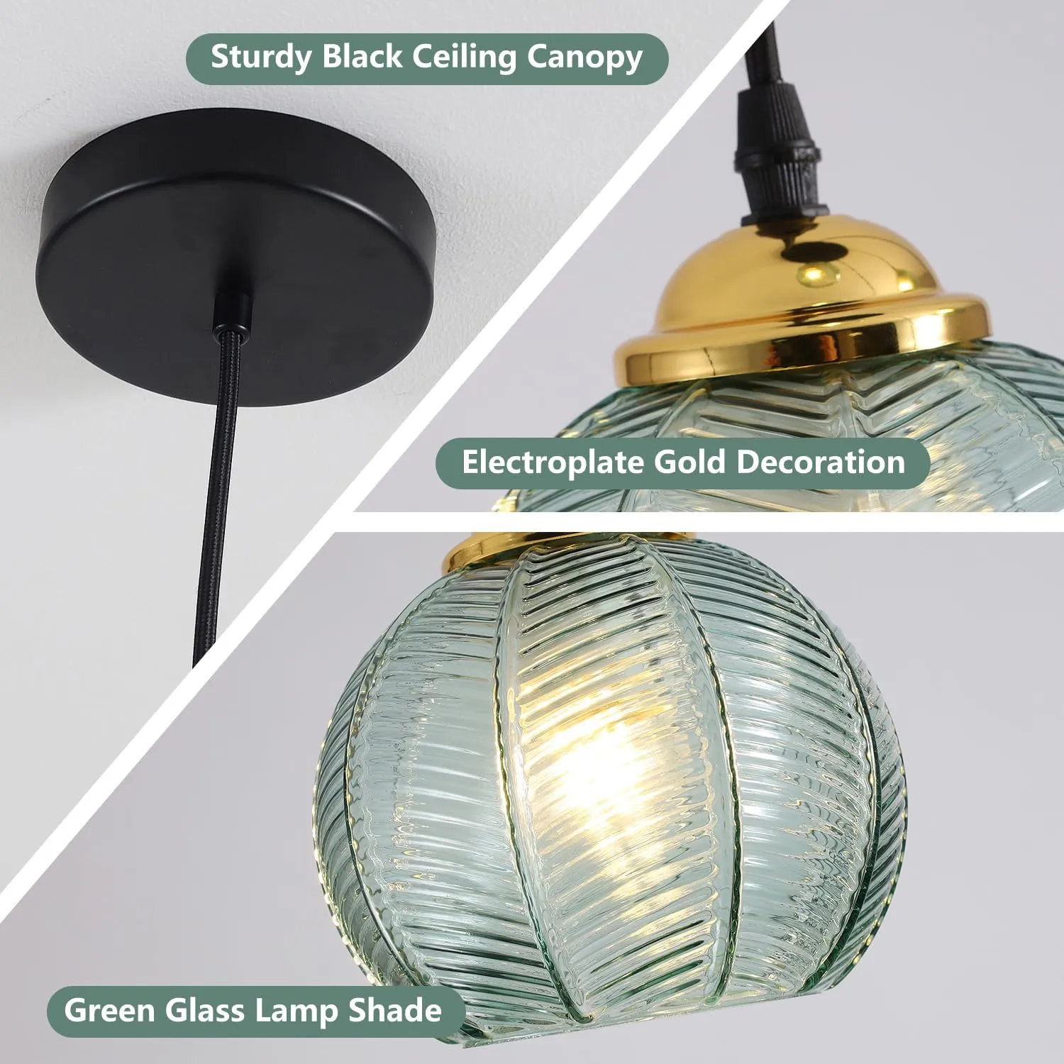 KCO Lighting Single Green Glass Pendant Light Large Globe Pendant Lighting Nordic Ribbed Ceiling Hanging Chandelier Light Vintage Dining Room Kitchen Island Light Fixture