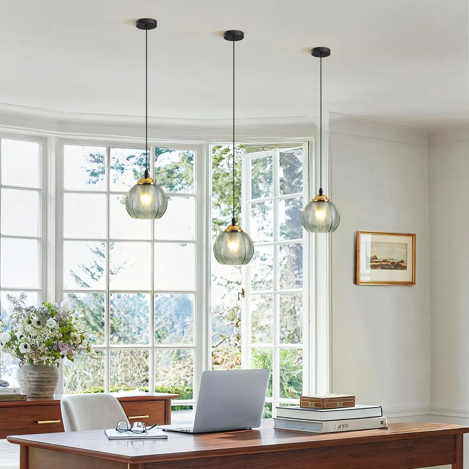 KCO Lighting Single Green Glass Pendant Light Large Globe Pendant Lighting Nordic Ribbed Ceiling Hanging Chandelier Light Vintage Dining Room Kitchen Island Light Fixture