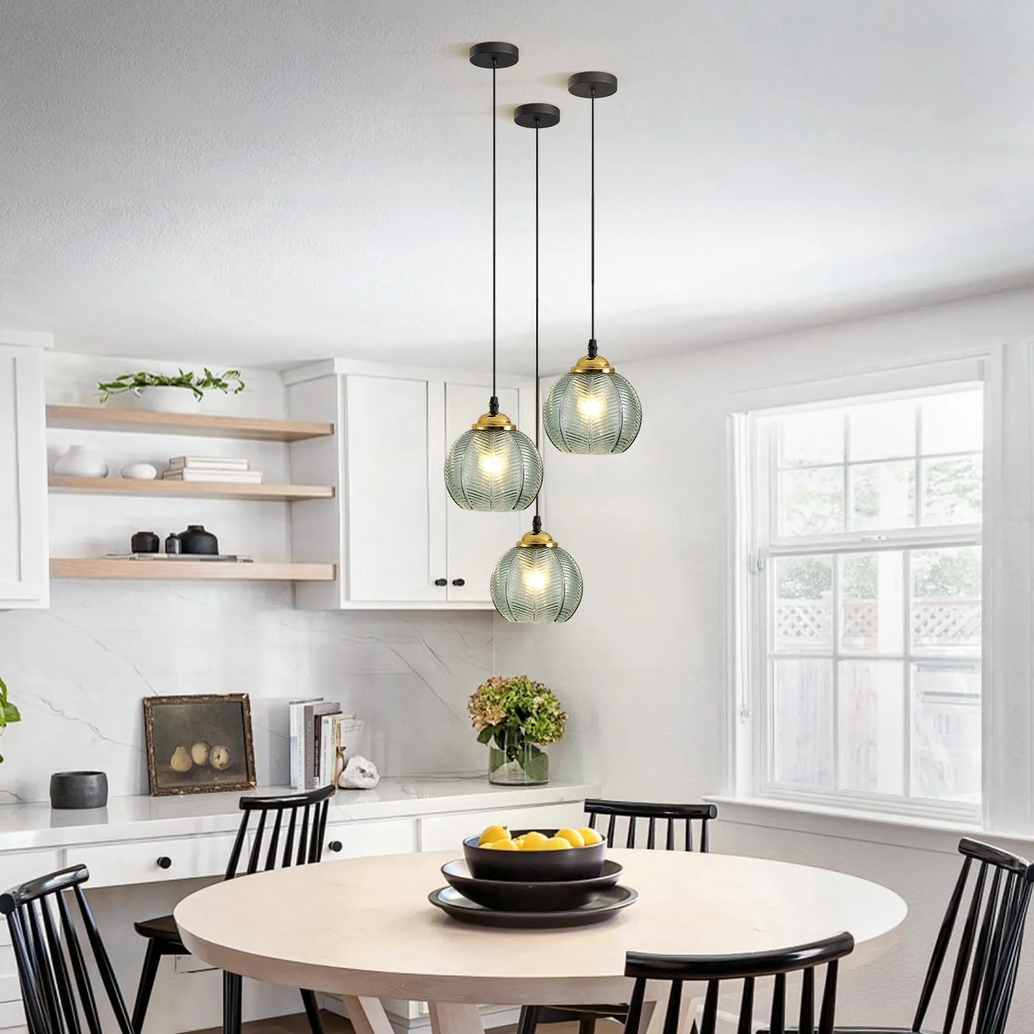 KCO Lighting Single Green Glass Pendant Light Large Globe Pendant Lighting Nordic Ribbed Ceiling Hanging Chandelier Light Vintage Dining Room Kitchen Island Light Fixture