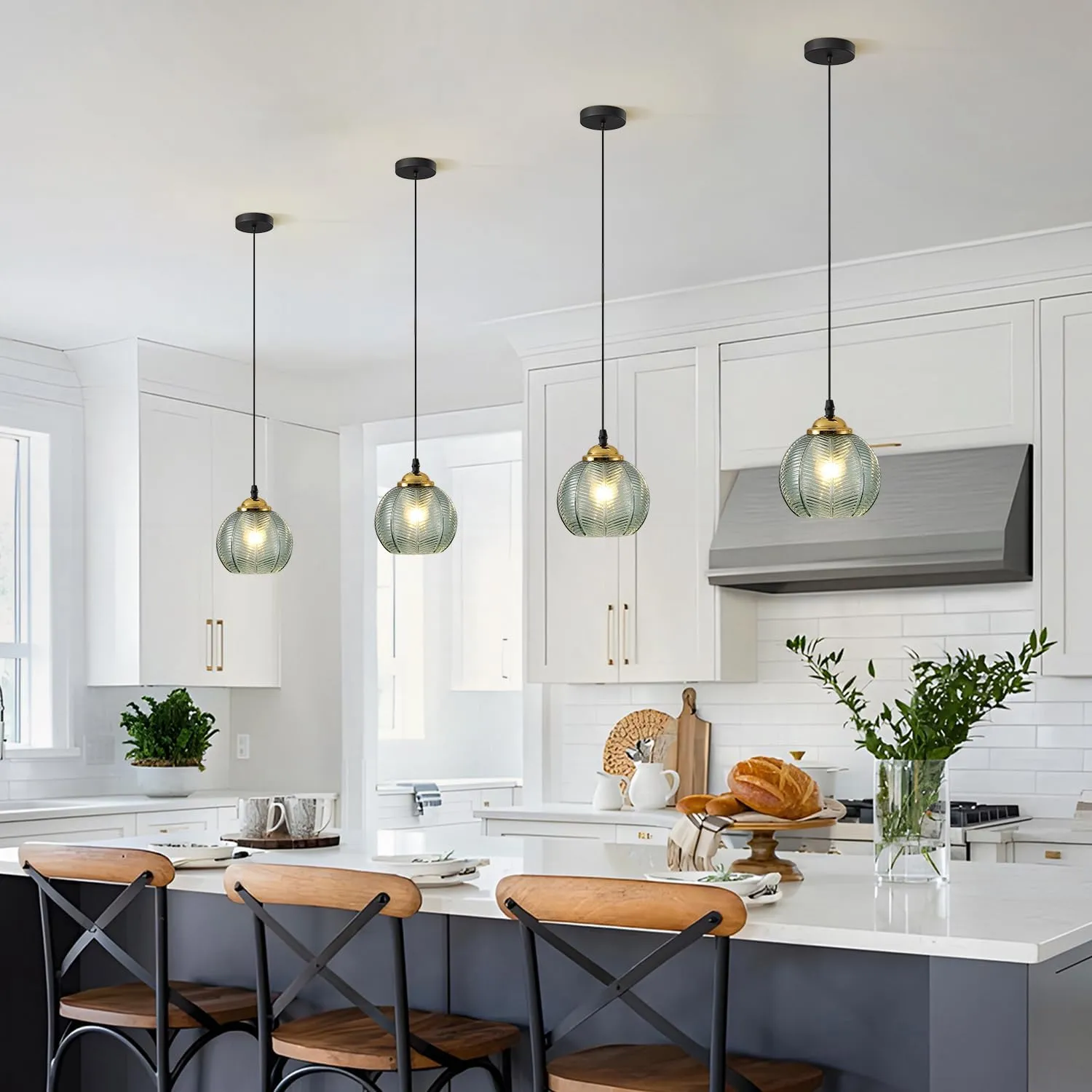 KCO Lighting Single Green Glass Pendant Light Large Globe Pendant Lighting Nordic Ribbed Ceiling Hanging Chandelier Light Vintage Dining Room Kitchen Island Light Fixture