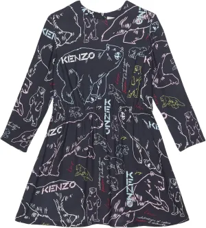 Kenzo Girl's All Over Polar Bears Print Long Sleeve Dress (Little Kids/Big Kids) Dark Grey 8A (8 Big Kid)