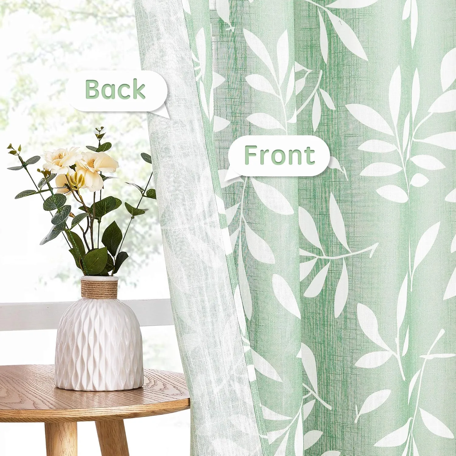 KGORGE Window Curtains 54" Long Farmhouse Leaf Pattern Faux Linen Sheer, Grommet Perfect Balance Light & Privacy Window Decor Panels for Bedroom/Flat, 50" Wide