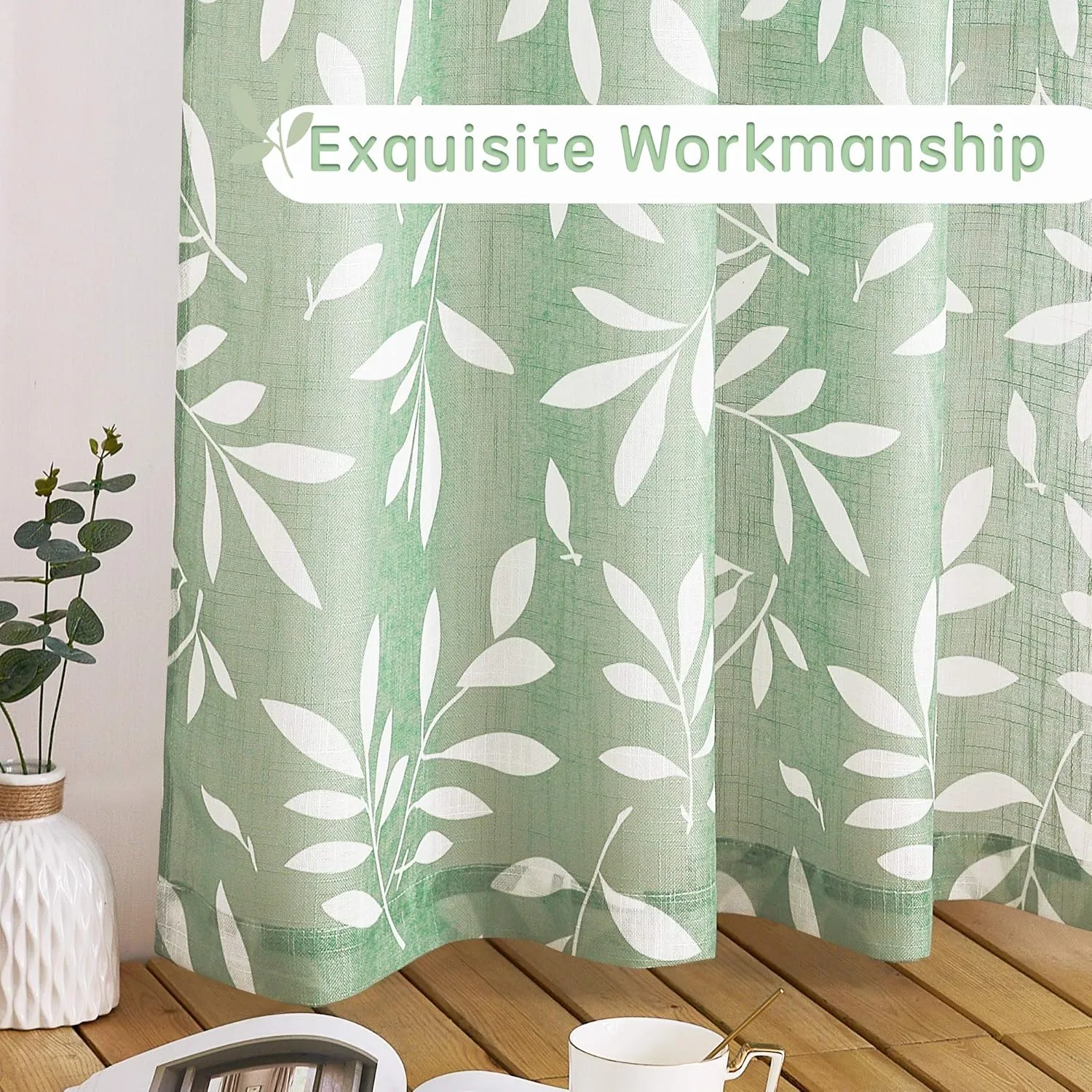 KGORGE Window Curtains 54" Long Farmhouse Leaf Pattern Faux Linen Sheer, Grommet Perfect Balance Light & Privacy Window Decor Panels for Bedroom/Flat, 50" Wide
