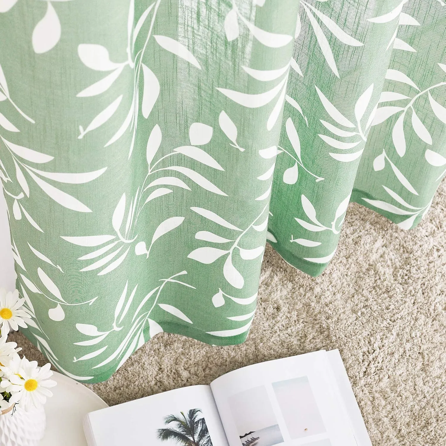 KGORGE Window Curtains 54" Long Farmhouse Leaf Pattern Faux Linen Sheer, Grommet Perfect Balance Light & Privacy Window Decor Panels for Bedroom/Flat, 50" Wide