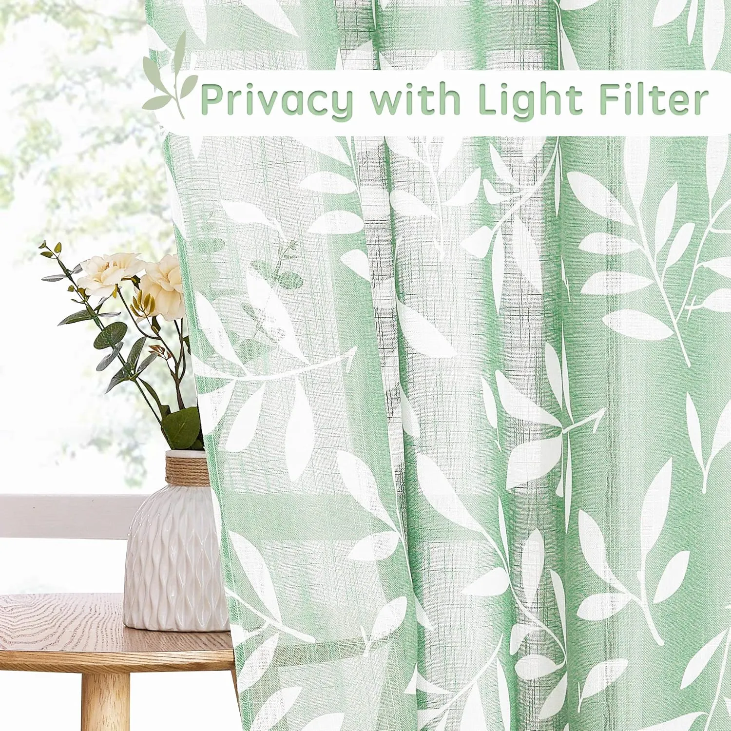 KGORGE Window Curtains 54" Long Farmhouse Leaf Pattern Faux Linen Sheer, Grommet Perfect Balance Light & Privacy Window Decor Panels for Bedroom/Flat, 50" Wide