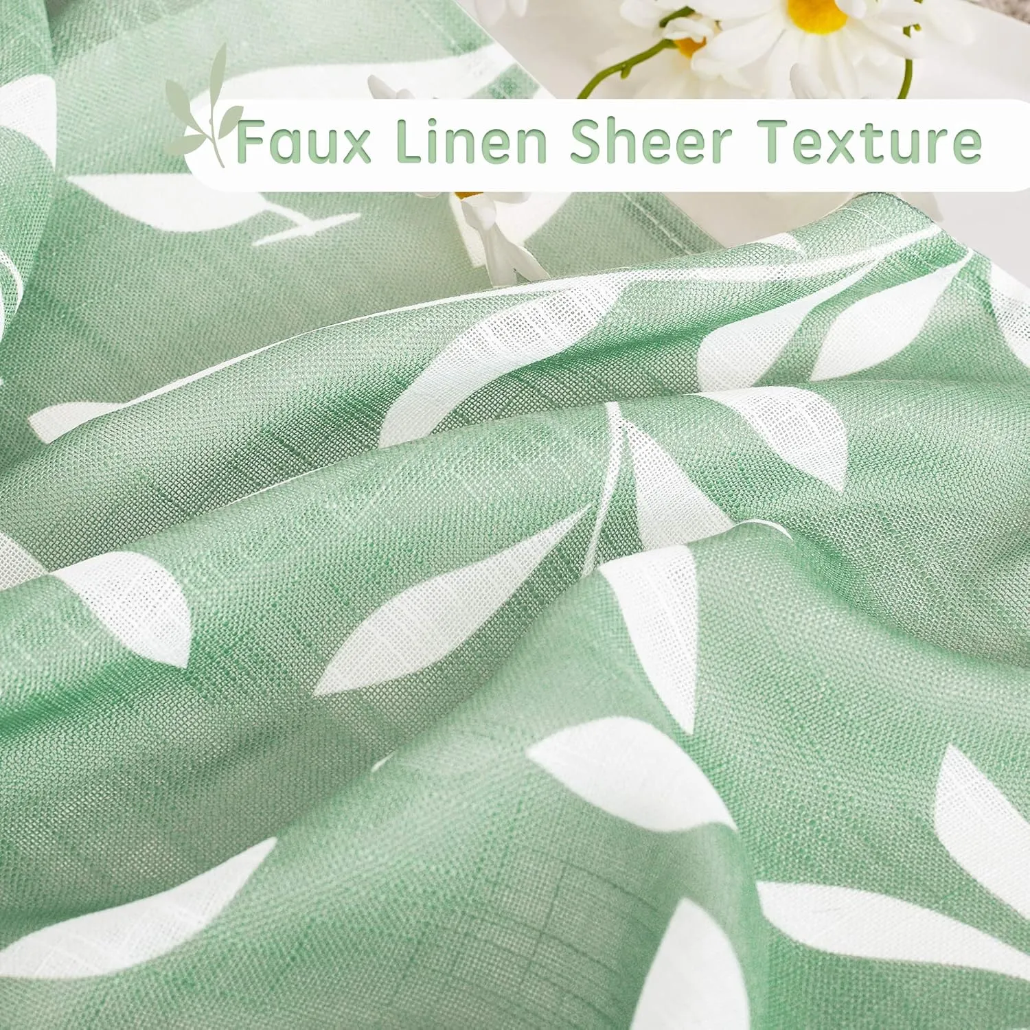 KGORGE Window Curtains 54" Long Farmhouse Leaf Pattern Faux Linen Sheer, Grommet Perfect Balance Light & Privacy Window Decor Panels for Bedroom/Flat, 50" Wide