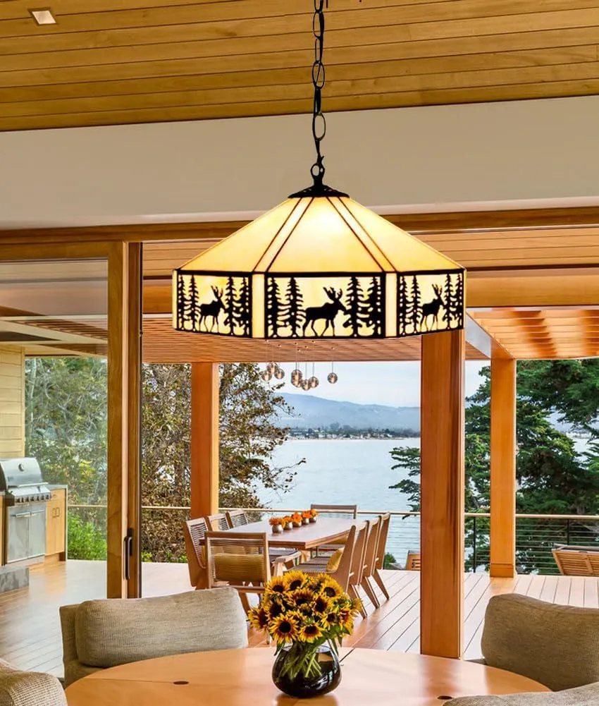 Kitchen Island Pendant Lighting, 16” Tiffany Ceiling Hanging Lamp with Stained Glass Lampshade Adjustable Vintage Elk Pendant Light Fixture for Kitchen Dining Room Bedside, E26 Base