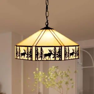 Kitchen Island Pendant Lighting, 16” Tiffany Ceiling Hanging Lamp with Stained Glass Lampshade Adjustable Vintage Elk Pendant Light Fixture for Kitchen Dining Room Bedside, E26 Base