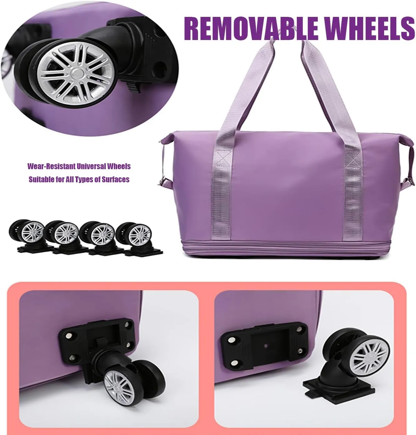 Klarson Expandable Travel Duffel Bag with Wheels, Light Purple