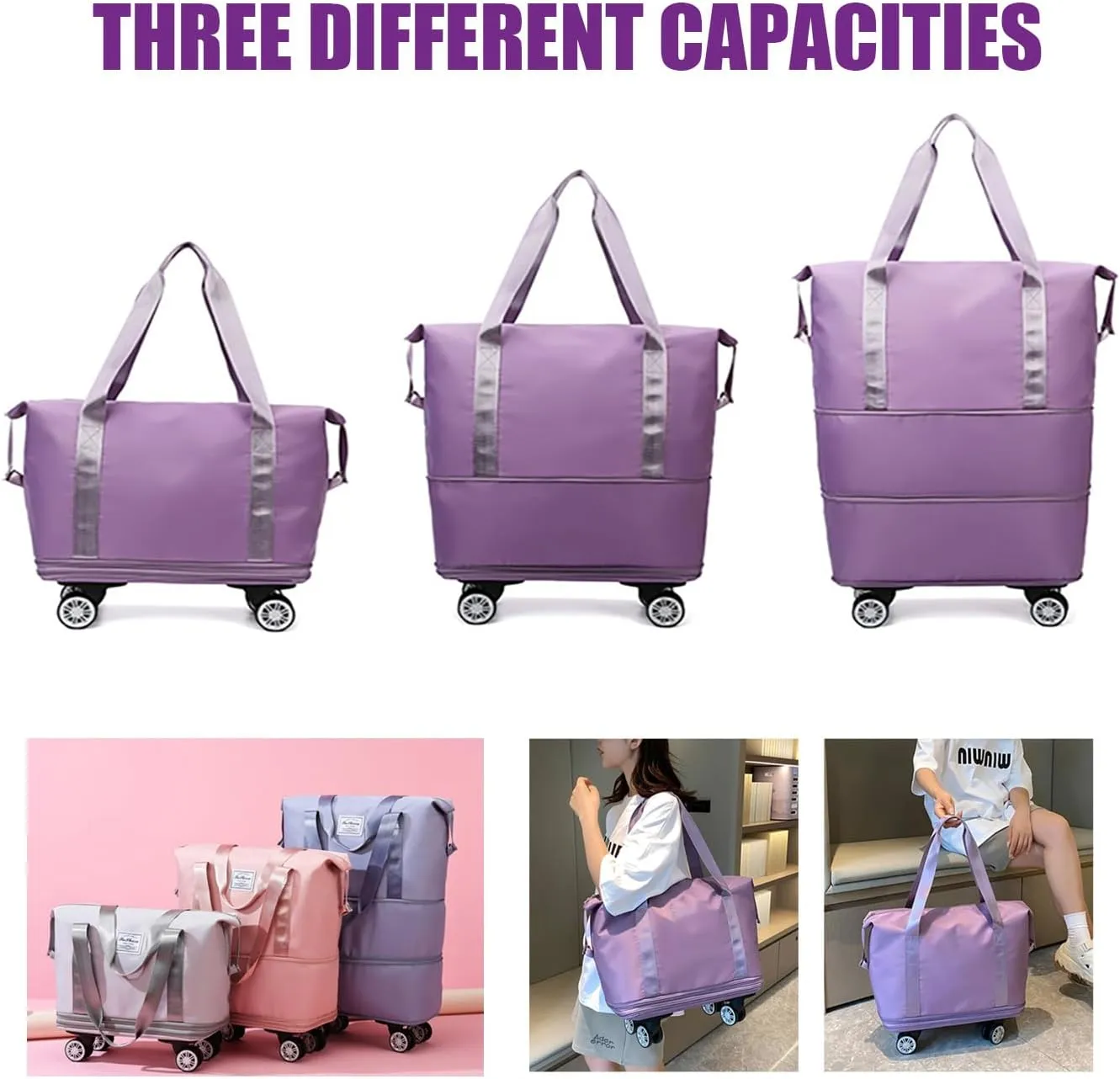 Klarson Expandable Travel Duffel Bag with Wheels, Light Purple