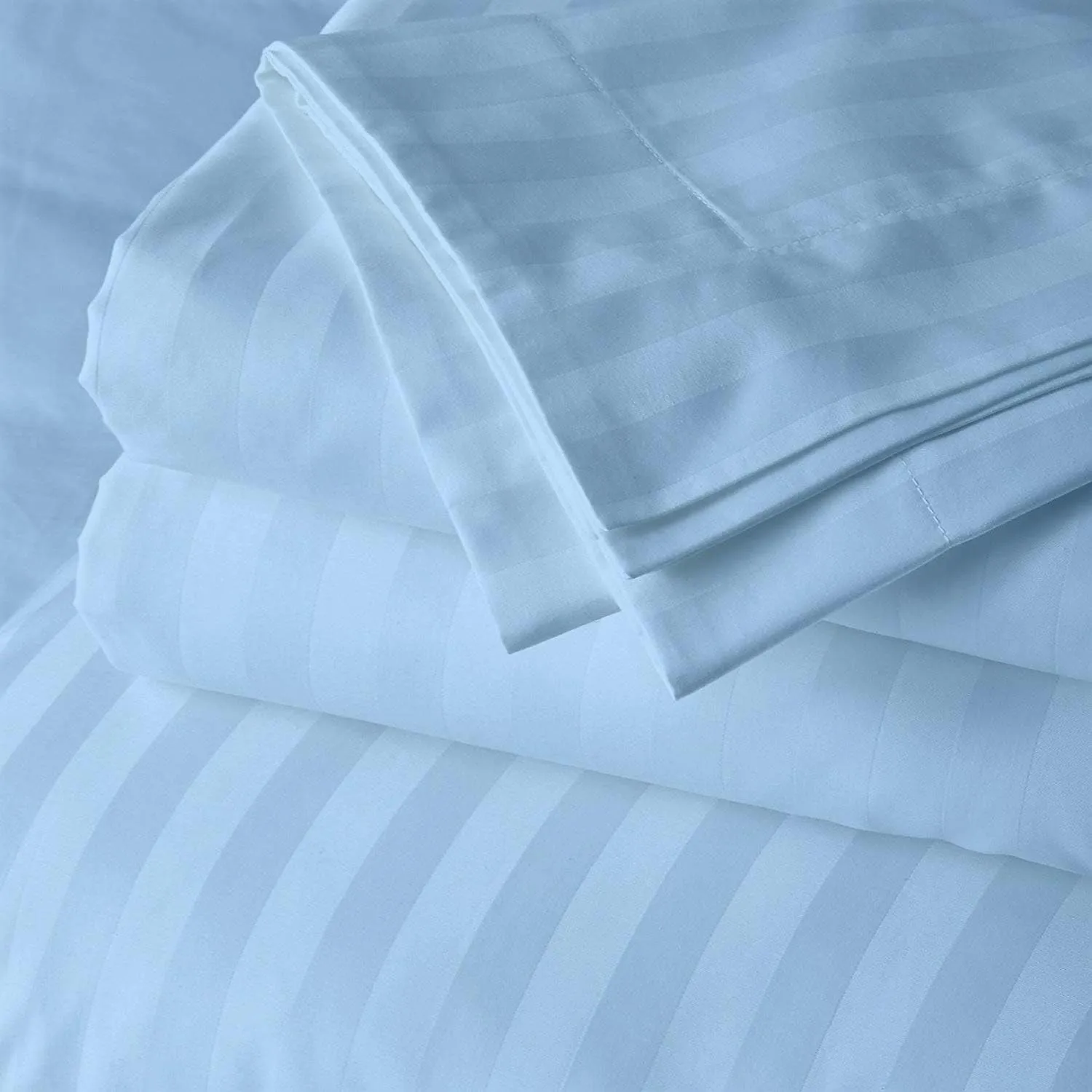 KRISHNA 5 Piece Premium Split King Sheet Set for Sleep Number Adjustable Bed, 100% Egyptian Cotton Deep Pocket Fitted Sheet Fits Upto 16" Mattress, Light Blue Stripe