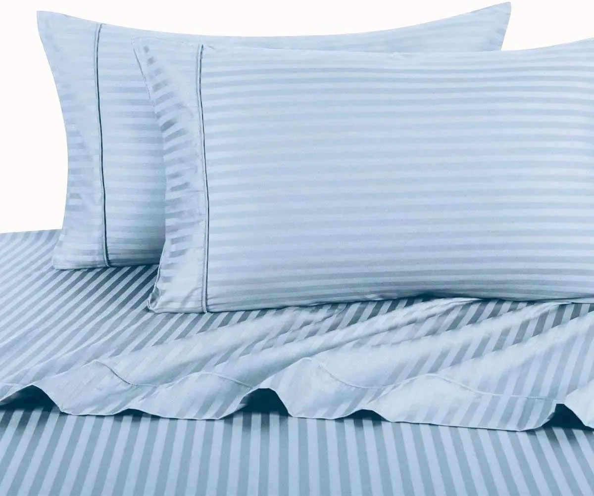 KRISHNA 5 Piece Premium Split King Sheet Set for Sleep Number Adjustable Bed, 100% Egyptian Cotton Deep Pocket Fitted Sheet Fits Upto 16" Mattress, Light Blue Stripe