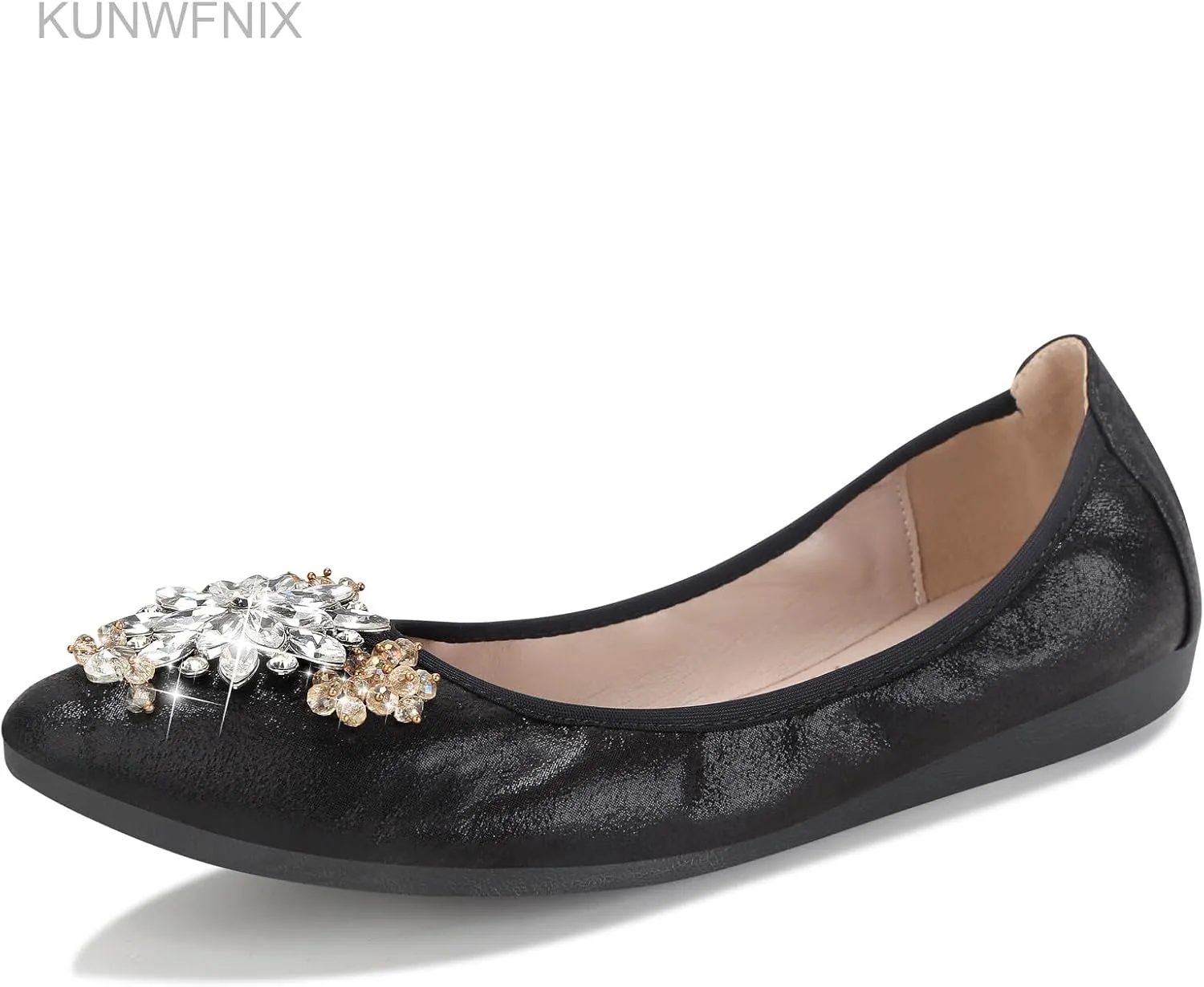KUNWFNIX Women Ballet Flats Rhinestone Wedding Ballerina Shoes Foldable Sparkly Comfort Slip on Flat Shoes