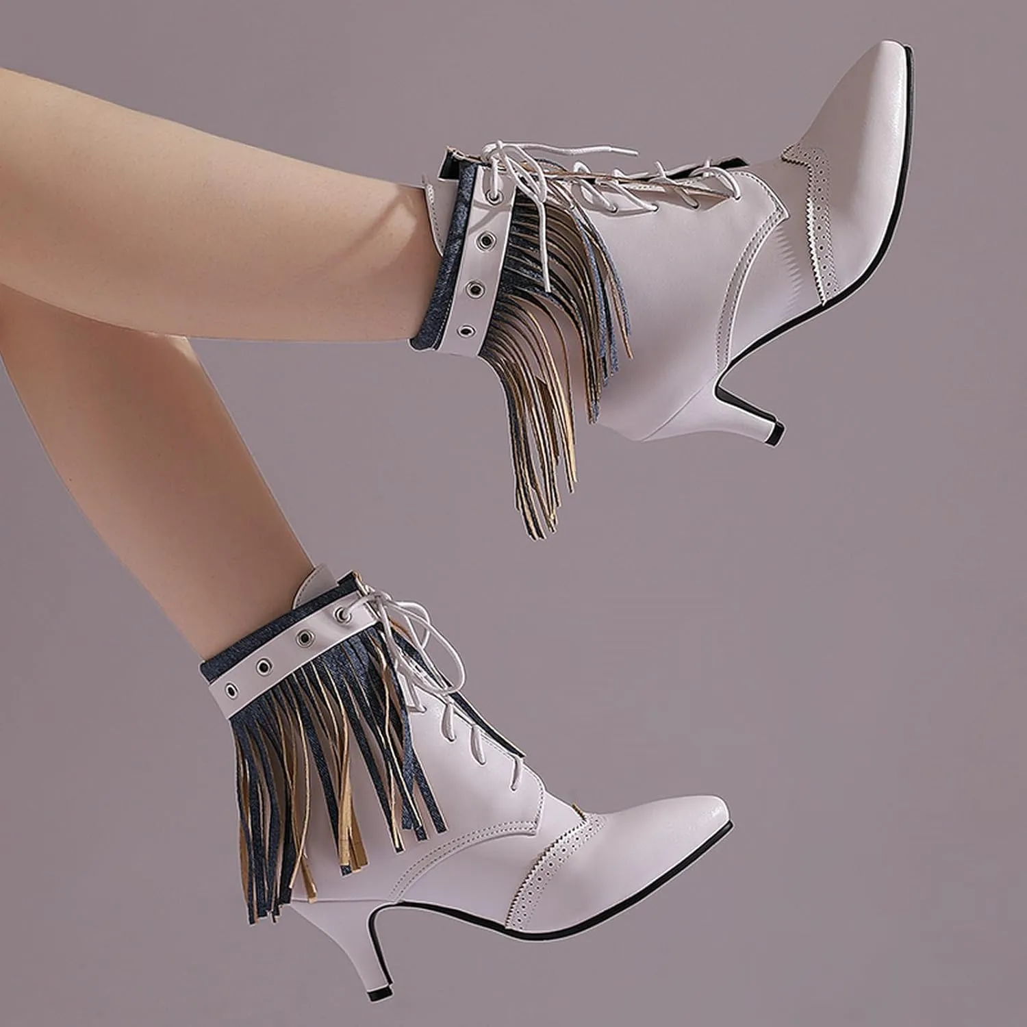 KysBloes Fringe Ankle Boots for Women Low Kitten Heel Boots Pointed Toe Lace Up Booties Wingtip Denim Boots with Tassel
