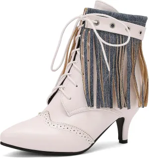 KysBloes Fringe Ankle Boots for Women Low Kitten Heel Boots Pointed Toe Lace Up Booties Wingtip Denim Boots with Tassel