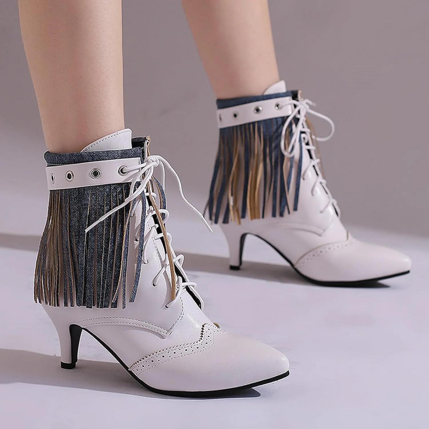 KysBloes Fringe Ankle Boots for Women Low Kitten Heel Boots Pointed Toe Lace Up Booties Wingtip Denim Boots with Tassel