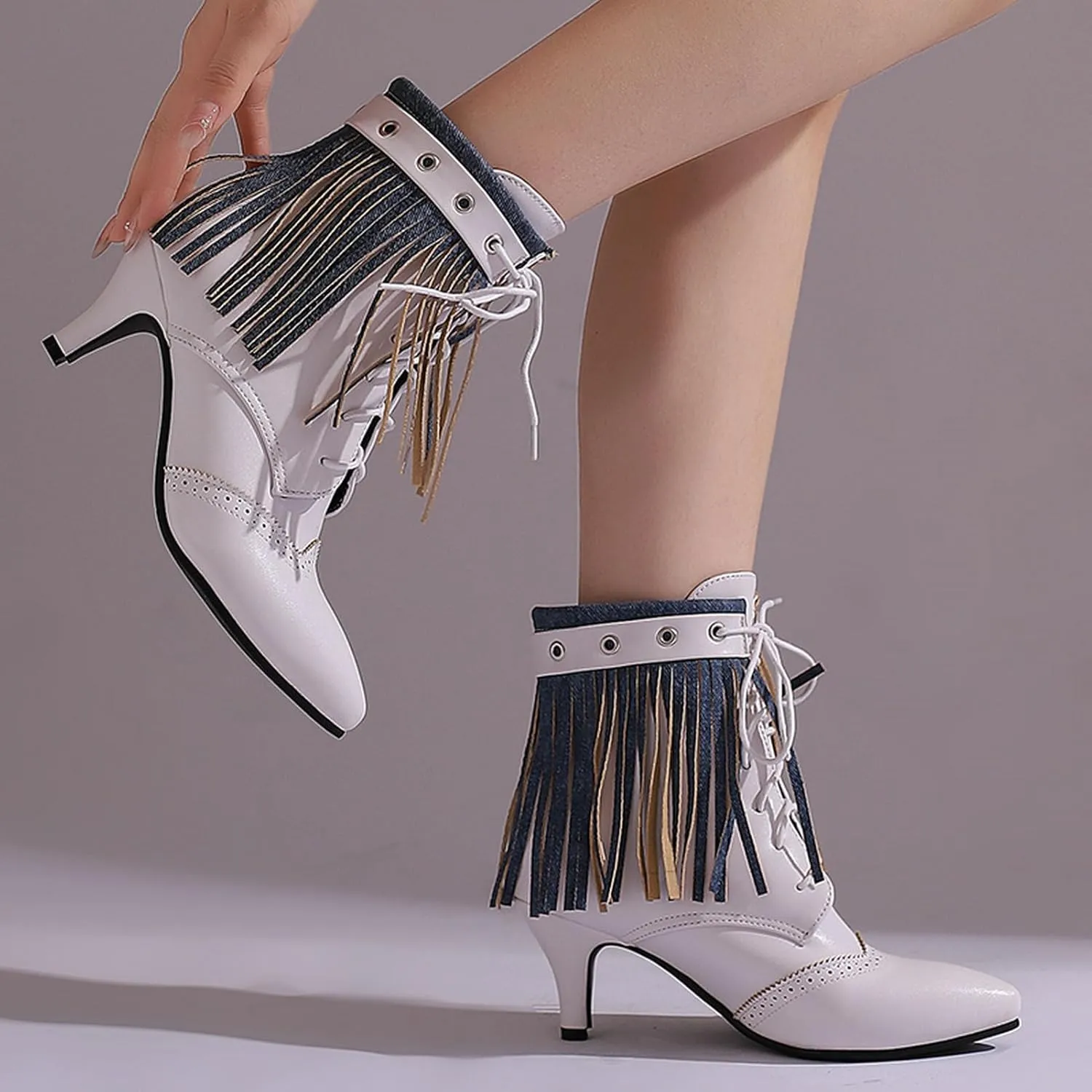 KysBloes Fringe Ankle Boots for Women Low Kitten Heel Boots Pointed Toe Lace Up Booties Wingtip Denim Boots with Tassel