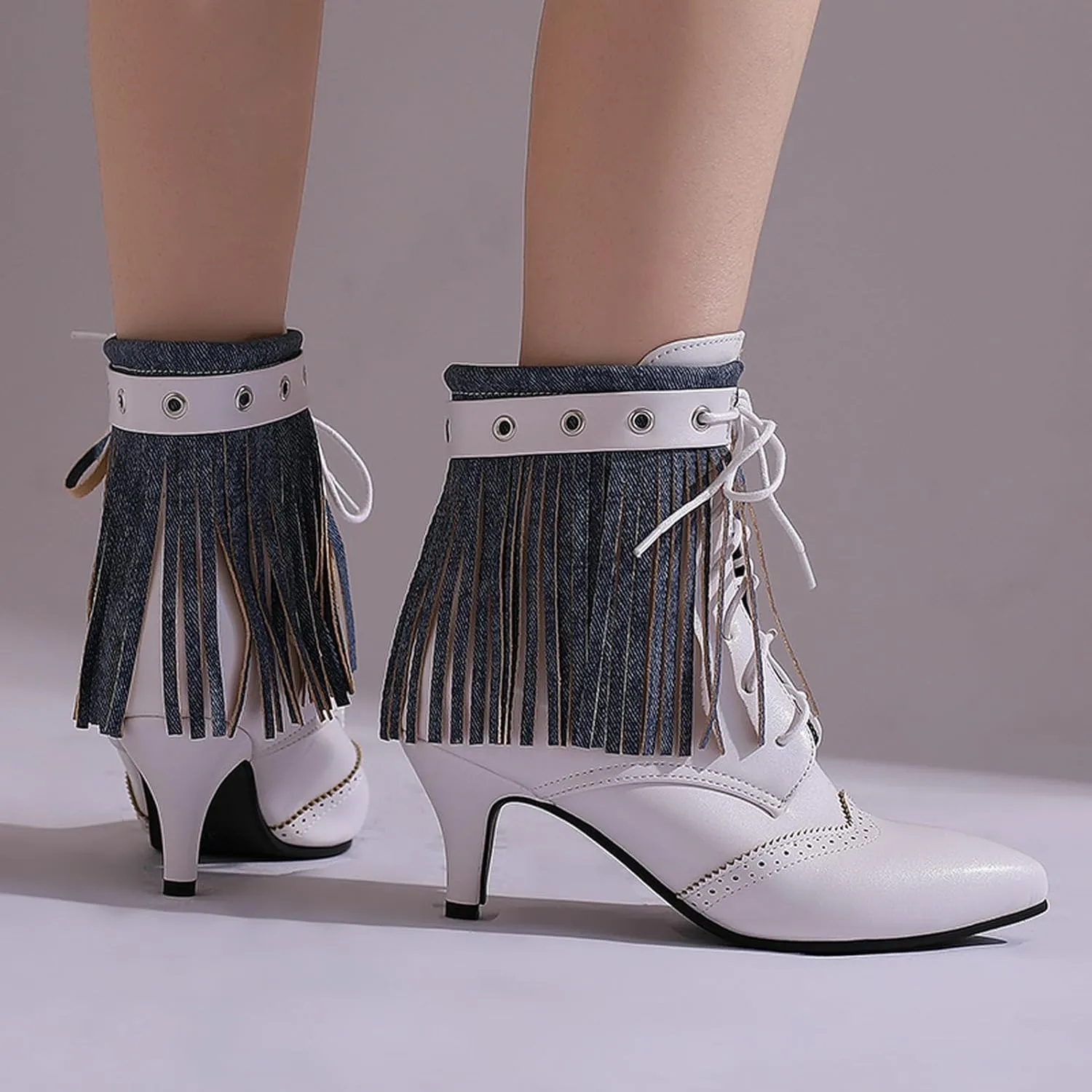 KysBloes Fringe Ankle Boots for Women Low Kitten Heel Boots Pointed Toe Lace Up Booties Wingtip Denim Boots with Tassel