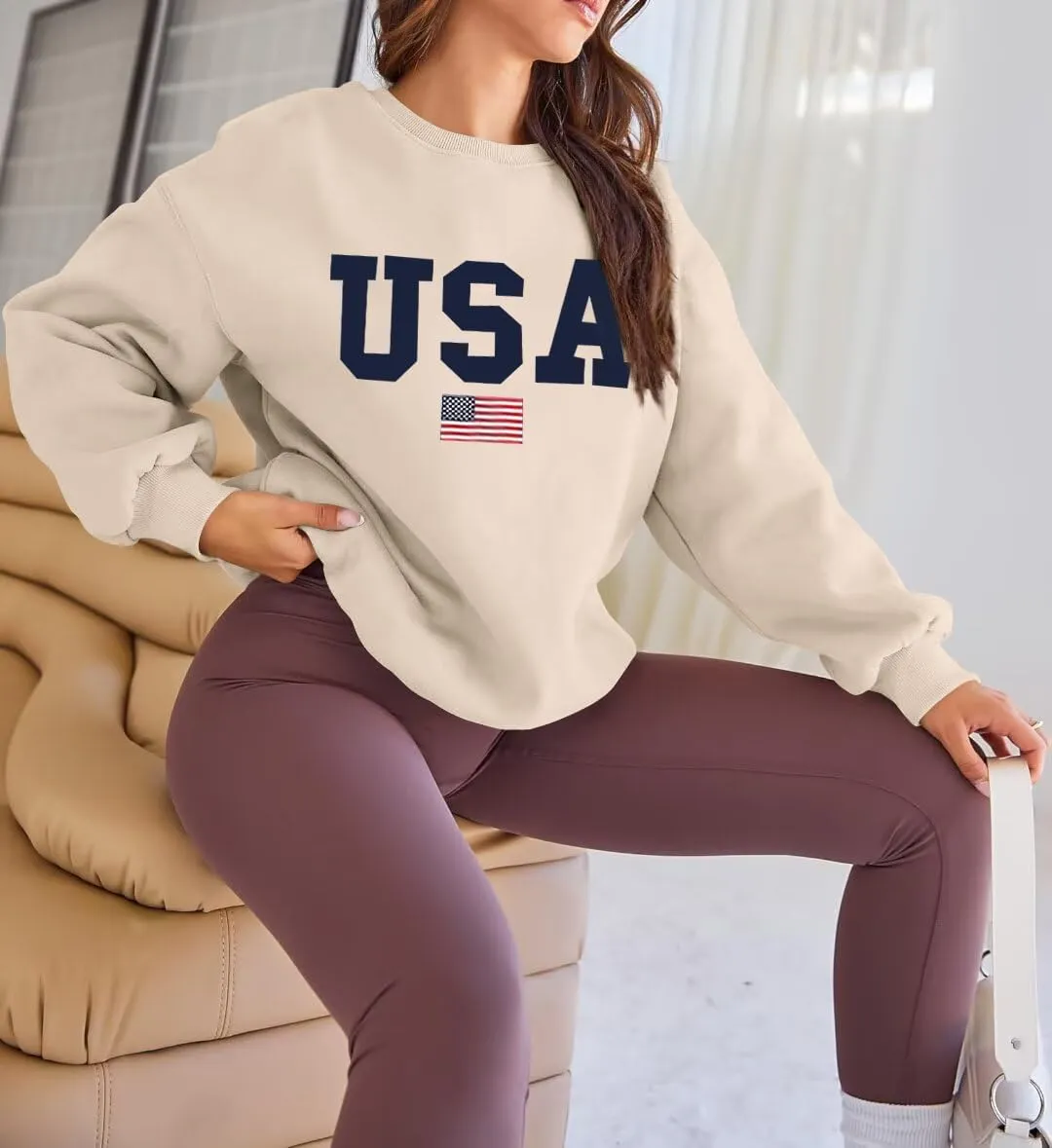 Lacozy Womens USA Graphic Sweatshirts American flag Crewneck Long Sleeve Sweater Loose Fleece Tops Fall Winter Clothes