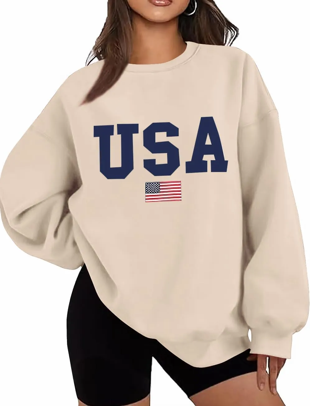Lacozy Womens USA Graphic Sweatshirts American flag Crewneck Long Sleeve Sweater Loose Fleece Tops Fall Winter Clothes