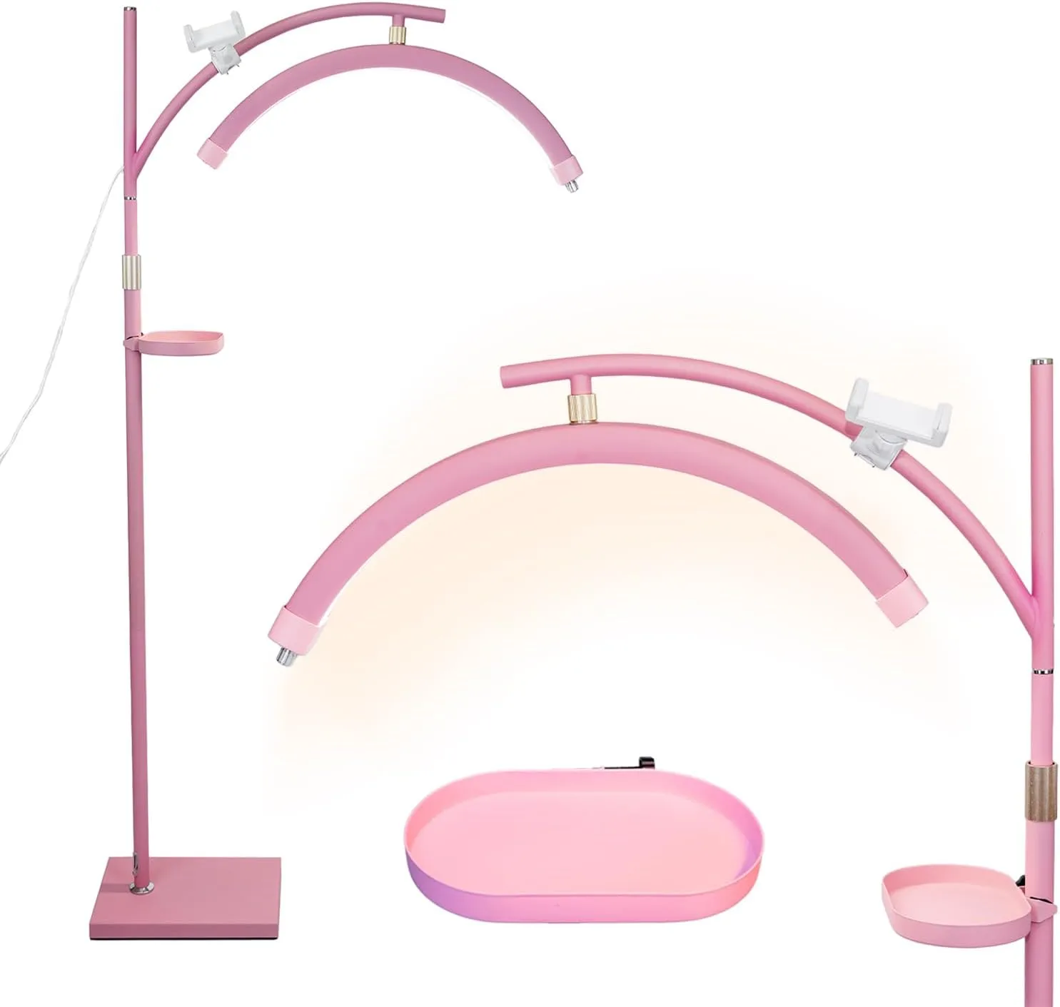 Lash Light Esthetician Lamp for Lash Extensions - LED Floor Lash Lamp Half Moon Ring Facial Light for Eyelash Tech with Pallets & Phone Holder Light for Tattoo Artists, Nail Tech X Pink