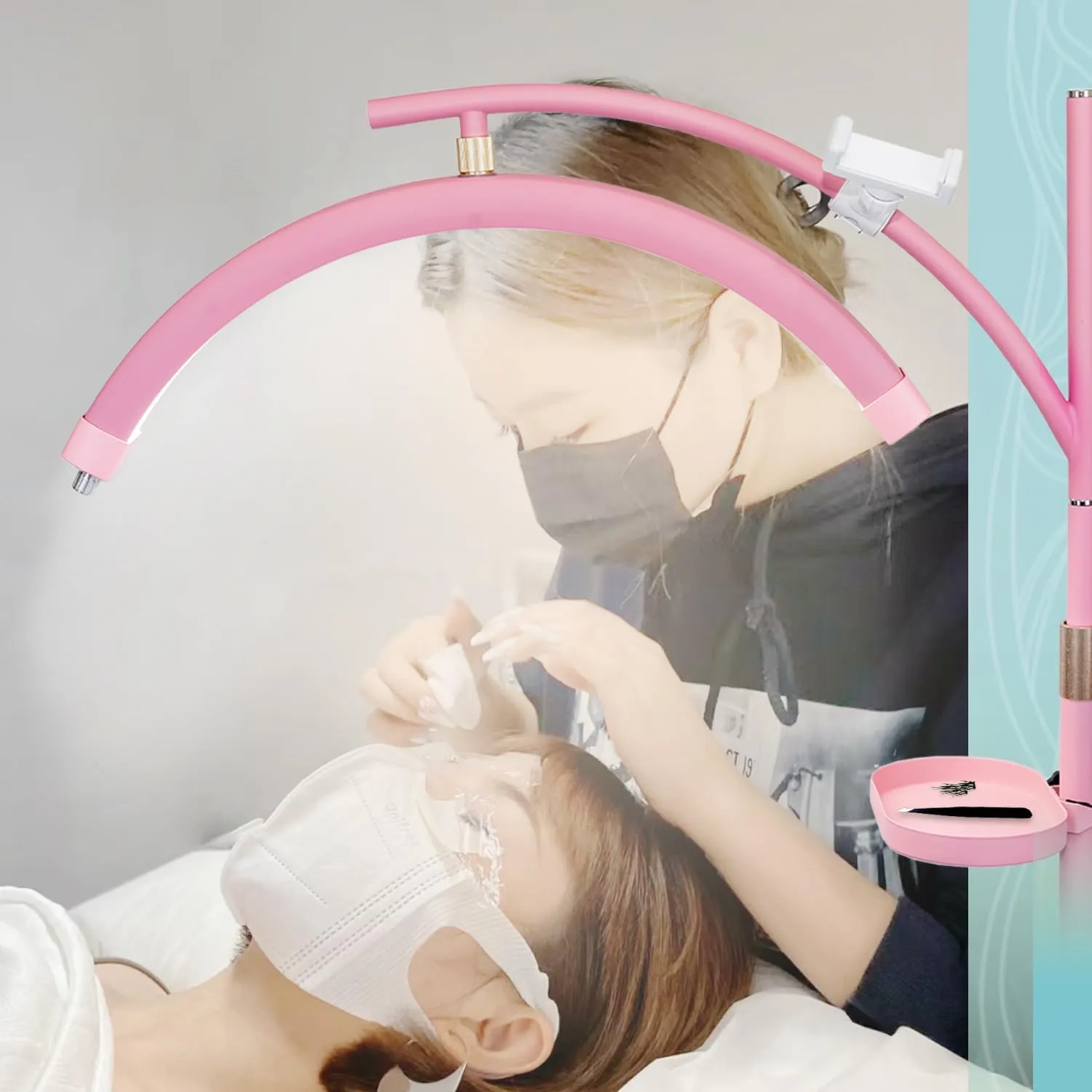 Lash Light Esthetician Lamp for Lash Extensions - LED Floor Lash Lamp Half Moon Ring Facial Light for Eyelash Tech with Pallets & Phone Holder Light for Tattoo Artists, Nail Tech X Pink