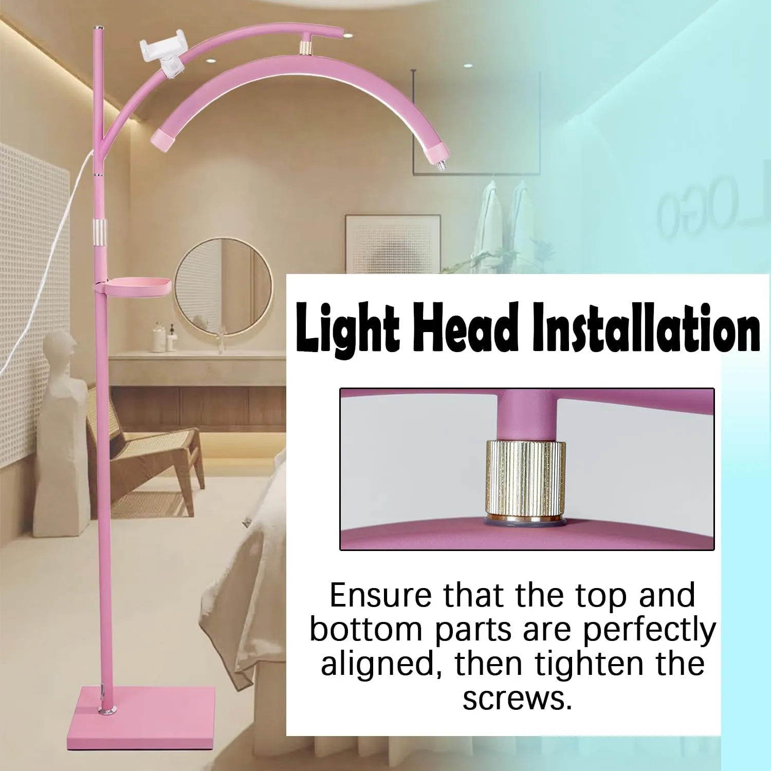 Lash Light Esthetician Lamp for Lash Extensions - LED Floor Lash Lamp Half Moon Ring Facial Light for Eyelash Tech with Pallets & Phone Holder Light for Tattoo Artists, Nail Tech X Pink