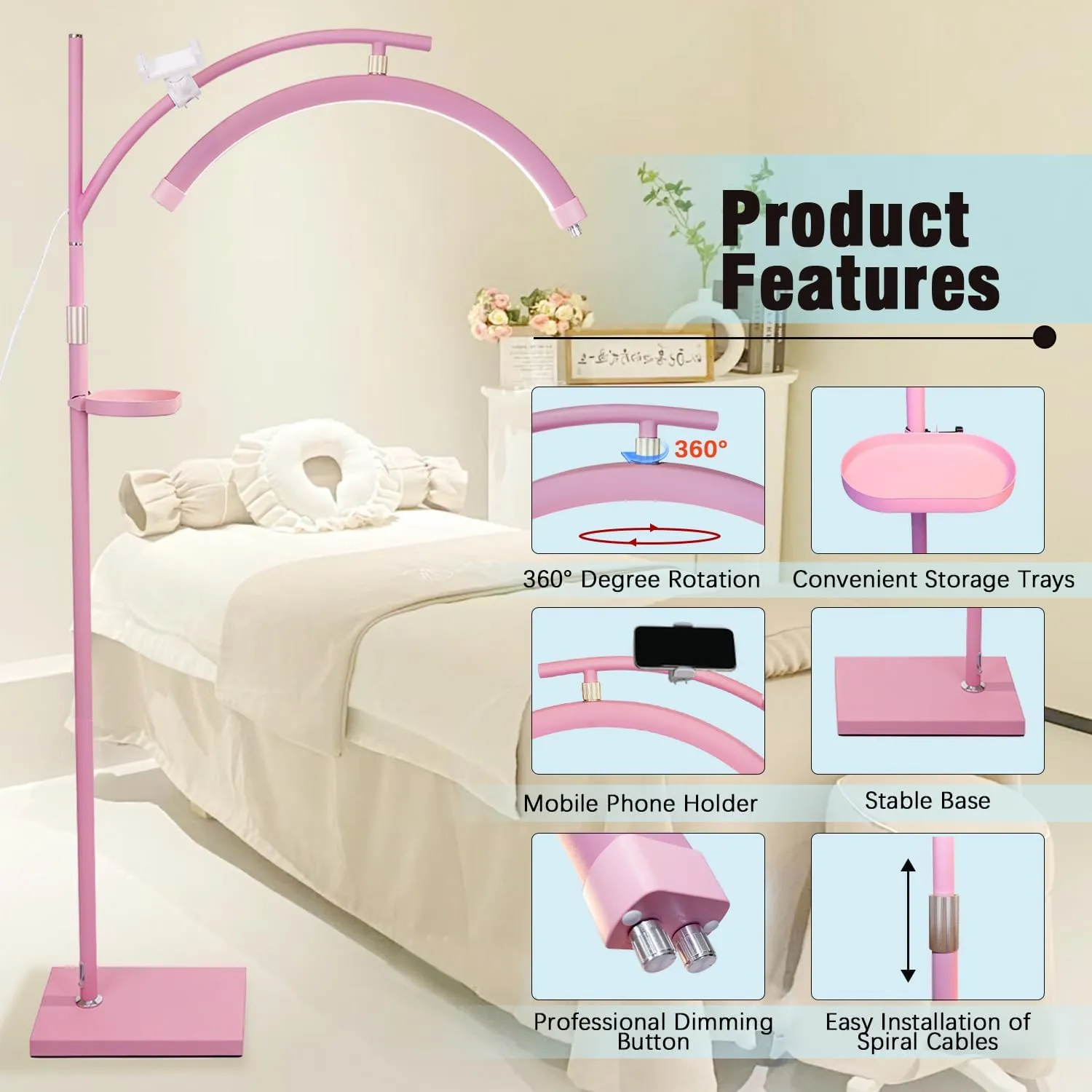 Lash Light Esthetician Lamp for Lash Extensions - LED Floor Lash Lamp Half Moon Ring Facial Light for Eyelash Tech with Pallets & Phone Holder Light for Tattoo Artists, Nail Tech X Pink