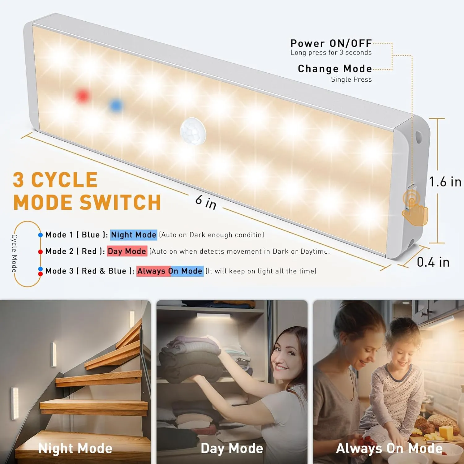 LED Closet Light, 20LEDs Rechargeable Motion Sensor Under Cabinet Lighting with Remote Control, Wireless Stick-Anywhere Night Safe Light Bar for Wardrobe,Kitchen-3 Pcs,Warm White