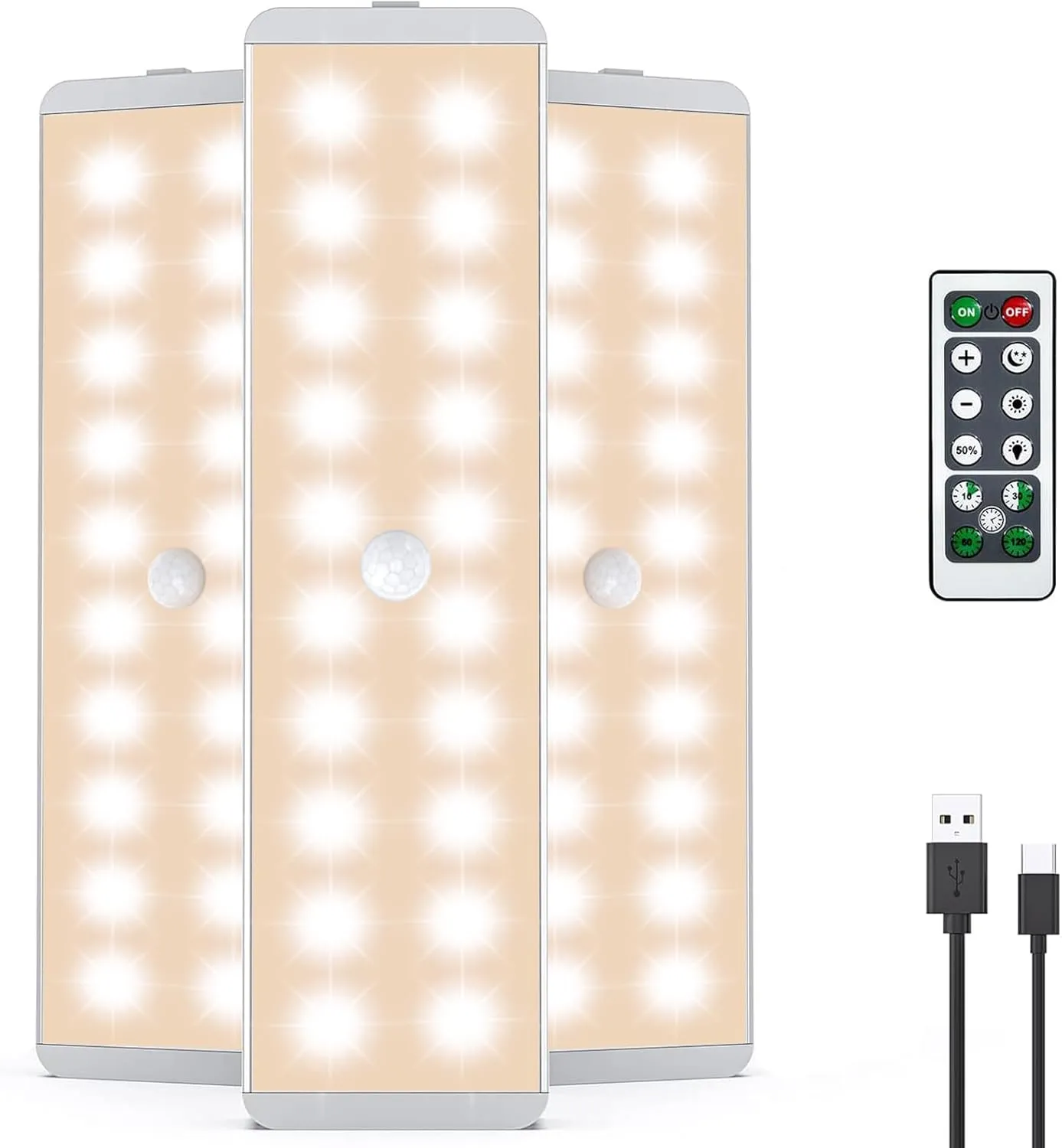 LED Closet Light, 20LEDs Rechargeable Motion Sensor Under Cabinet Lighting with Remote Control, Wireless Stick-Anywhere Night Safe Light Bar for Wardrobe,Kitchen-3 Pcs,Warm White