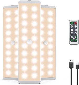 LED Closet Light, 20LEDs Rechargeable Motion Sensor Under Cabinet Lighting with Remote Control, Wireless Stick-Anywhere Night Safe Light Bar for Wardrobe,Kitchen-3 Pcs,Warm White