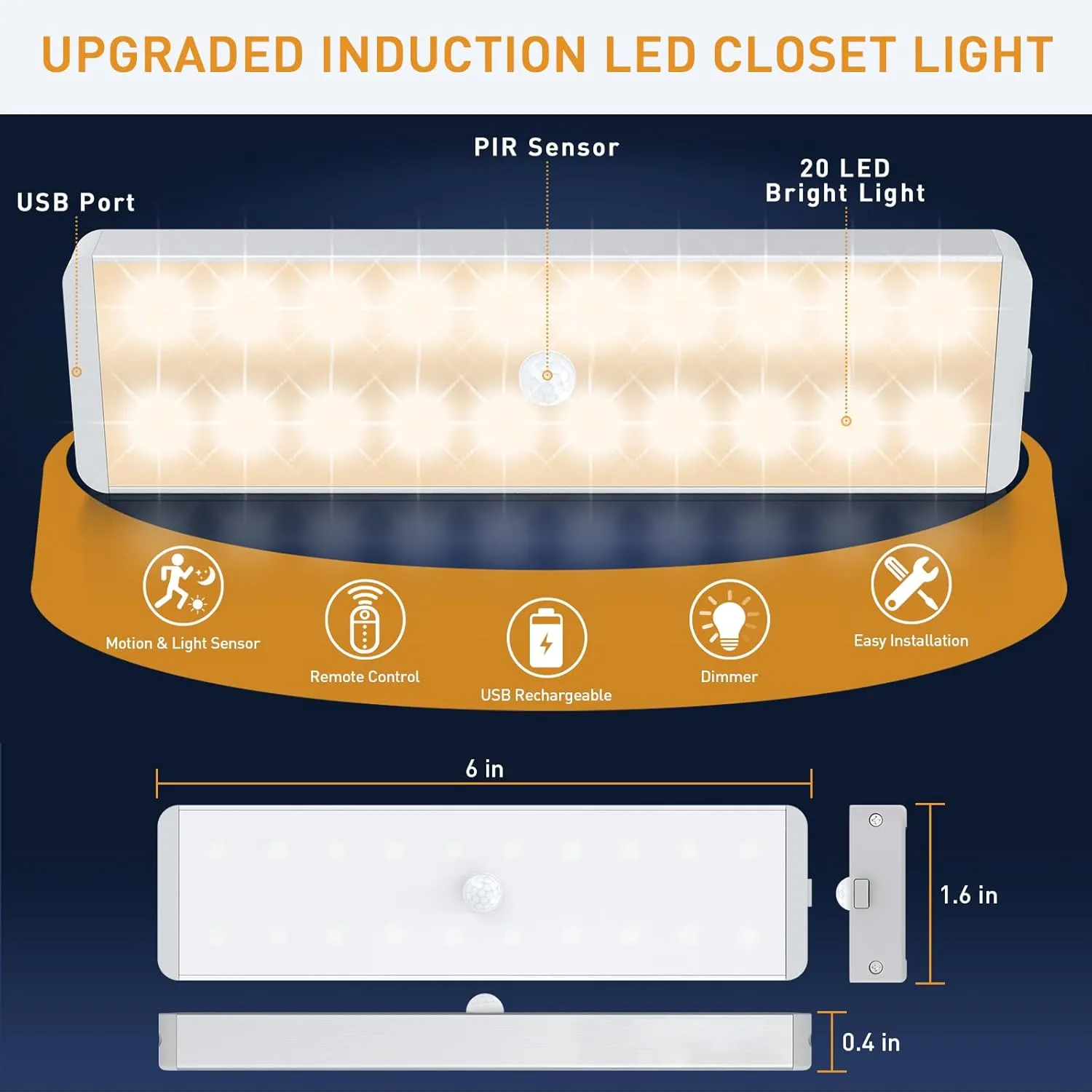 LED Closet Light, 20LEDs Rechargeable Motion Sensor Under Cabinet Lighting with Remote Control, Wireless Stick-Anywhere Night Safe Light Bar for Wardrobe,Kitchen-3 Pcs,Warm White