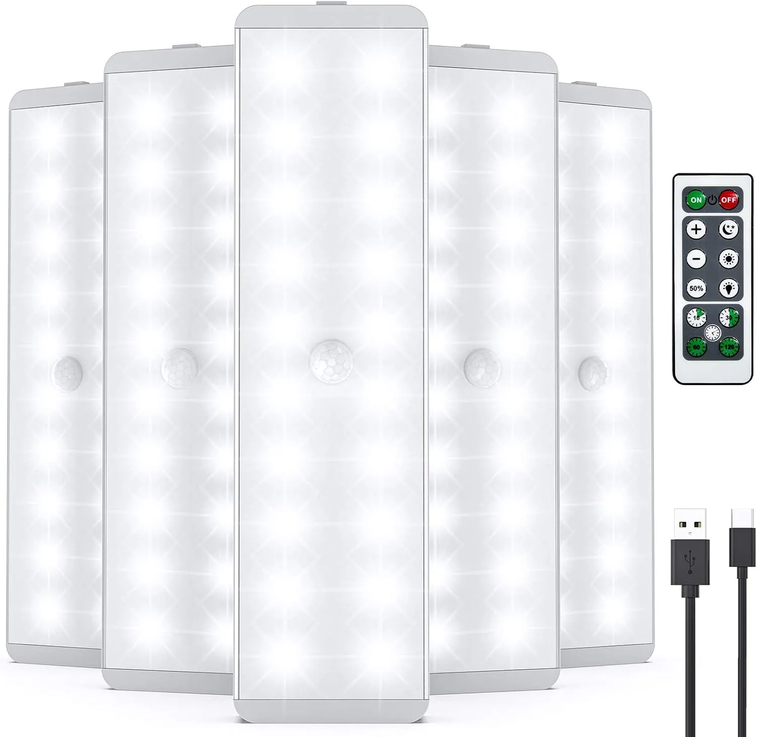 LED Closet Light, 5 Pcs Dimmer USB Rechargeable Motion Sensor Light Under Cabinet Lighting with Remote Control, Wireless Stick-Anywhere Night Safe Light Bar for Wardrobe,Kitchen