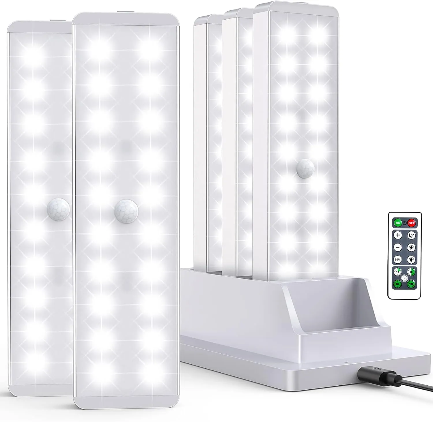 LED Closet Light with Charging Station, 5 Pcs Dimmer Rechargeable Motion Sensor Under Cabinet Lighting with Remote Control, Wireless Stick-Anywhere Night Safe Light Bar for Wardrobe,Kitchen